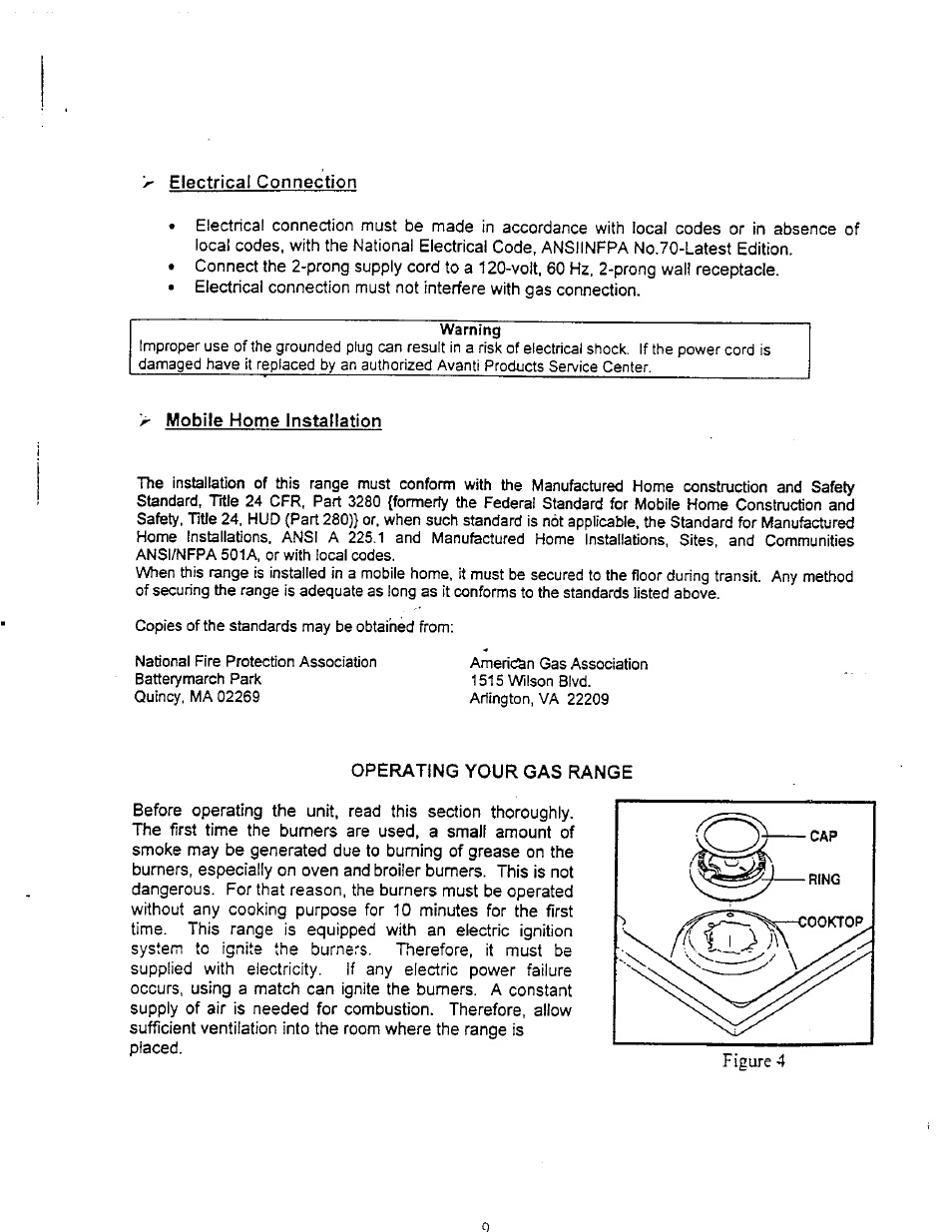 Electrical connection, Mobile home installation, Operating your gas range | Avanti DG20CW User Manual | Page 11 / 22