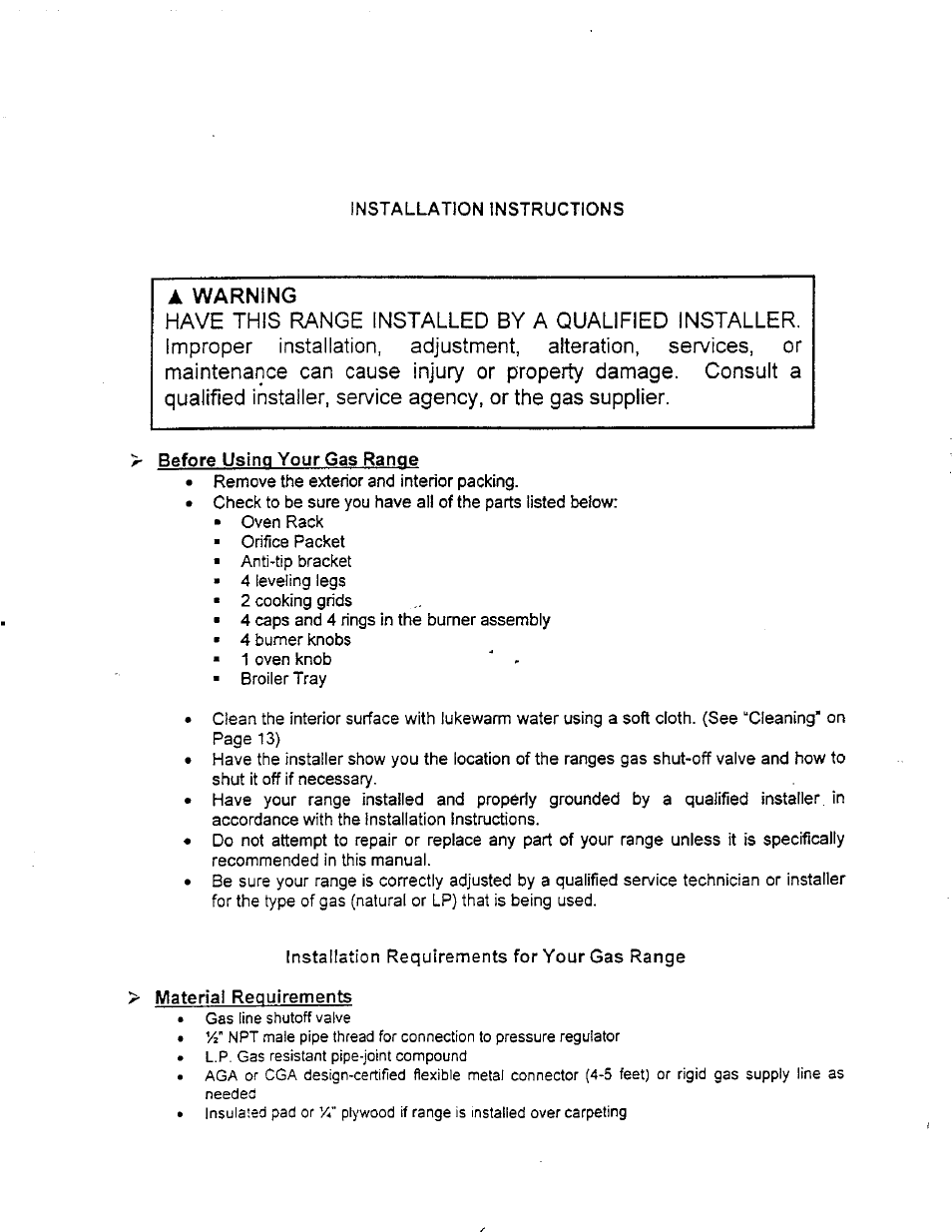 A warning, Before using your gas range, Material requirements | Warning | Avanti DG20CW User Manual | Page 6 / 22