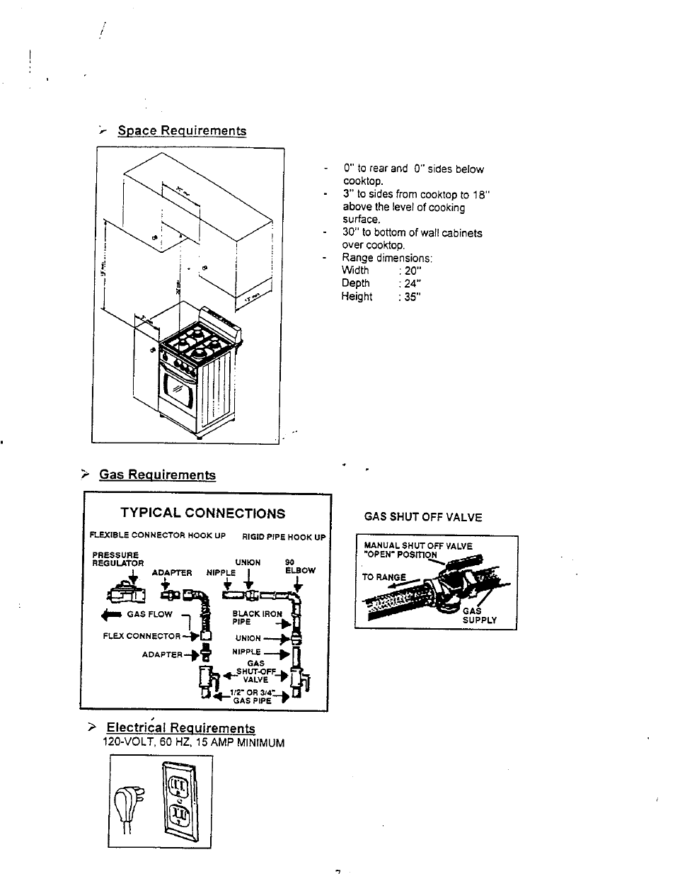 Gas requirements, Typical connections, Electrical requirements | Avanti DG20CW User Manual | Page 7 / 22