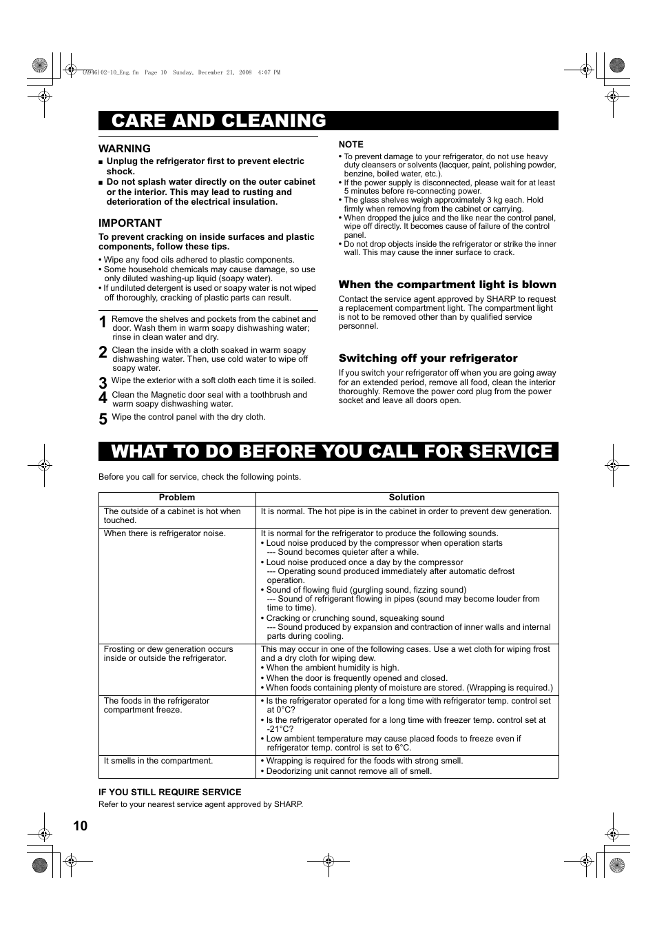 Care and cleaning, 5 wipe the control panel with the dry cloth, What to do before you call for service | Problem, Solution, If you still require service | Sharp SJ-F800SPBK User Manual | Page 10 / 173