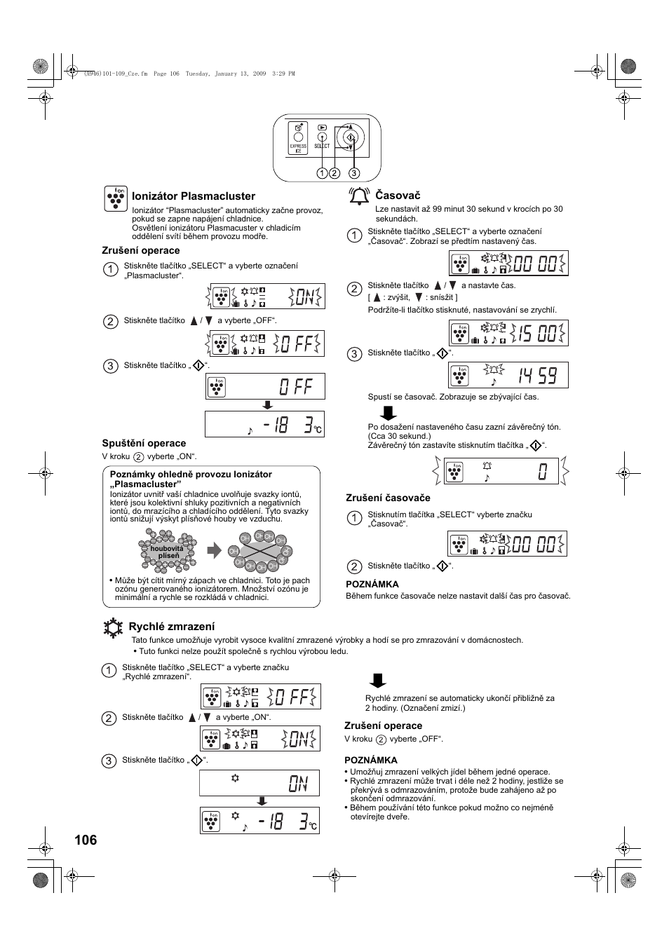 Ionizátor plasmacluster, Èasovaè, Rychlé zmrazení | Časovač | Sharp SJ-F800SPBK User Manual | Page 106 / 173