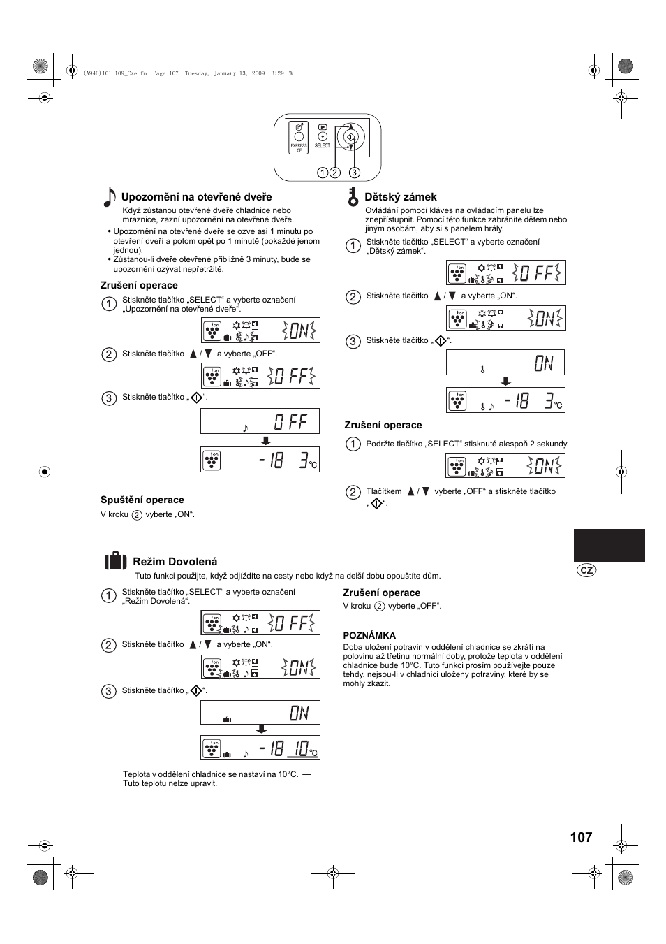 Upozornìní na otevøené dveøe, Dìtskæ zámek, Re˛im dovolená | Sharp SJ-F800SPBK User Manual | Page 107 / 173