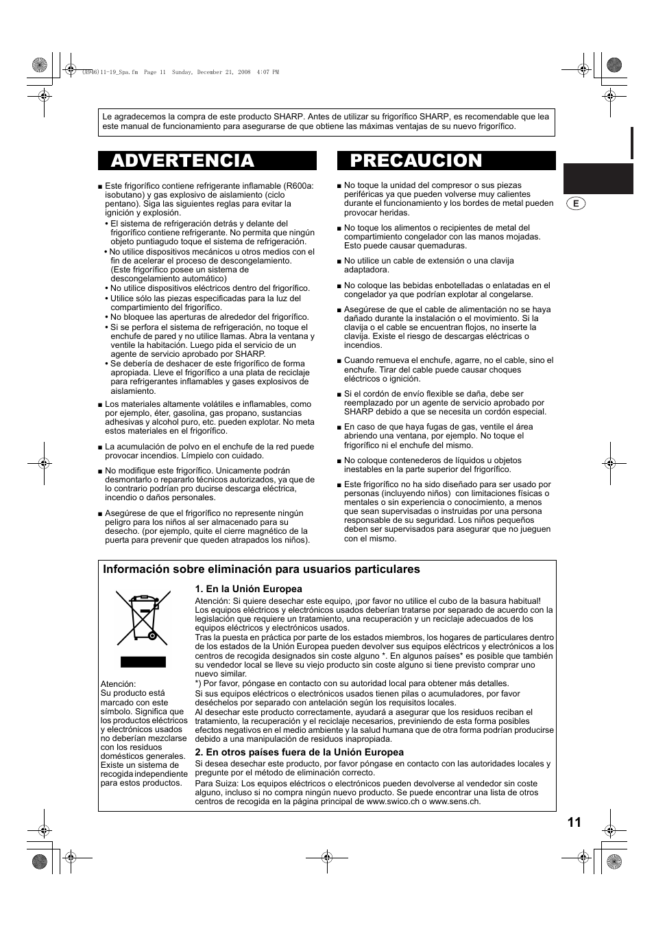 A946)11-19_spa-2, Advertencia, Precaucion | Atención, Advertencia precaucion | Sharp SJ-F800SPBK User Manual | Page 11 / 173