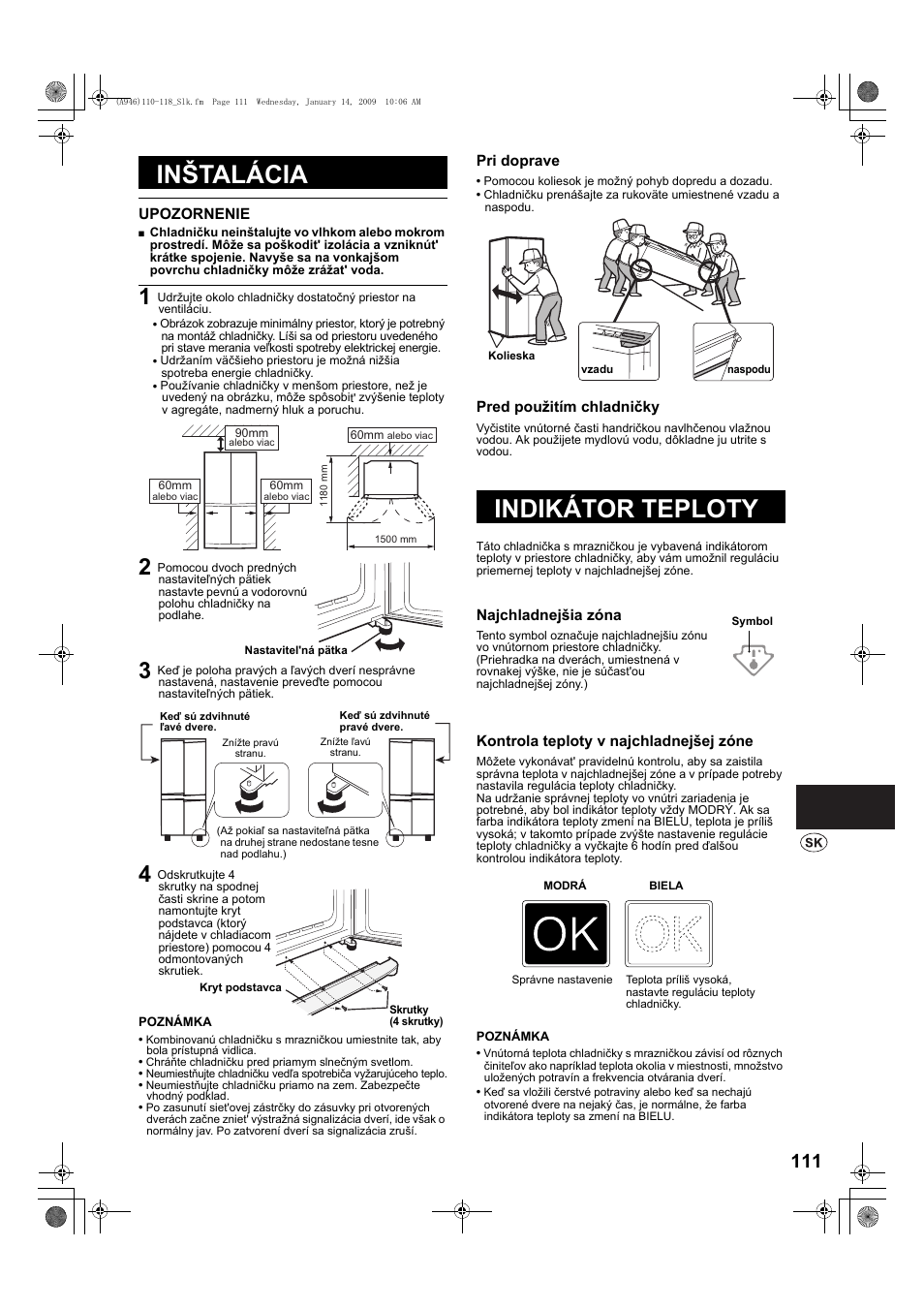 In³talácia, Indikátor teploty, Inštalácia | Sharp SJ-F800SPBK User Manual | Page 111 / 173