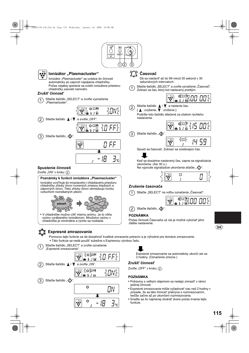 Ionizátor „plasmacluster, Èasovaè, Expresné zmrazovanie | Časovač | Sharp SJ-F800SPBK User Manual | Page 115 / 173
