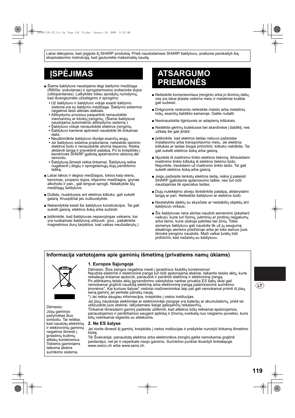 A946)119-127_lit-2, Áspëjimas, Atsargumo priemonës | Įspėjimas atsargumo priemonės | Sharp SJ-F800SPBK User Manual | Page 119 / 173