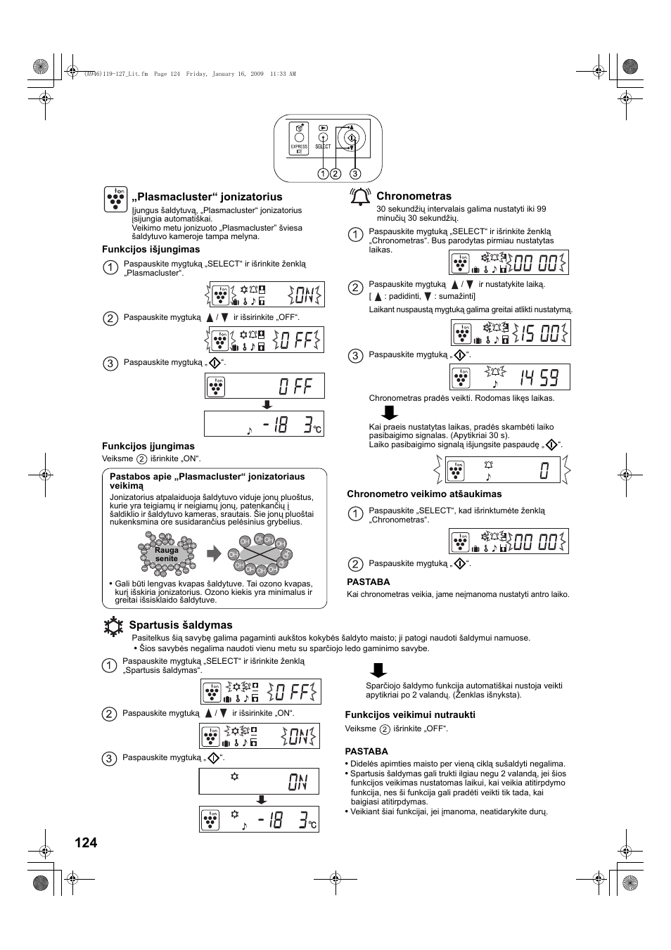 Plasmacluster“ jonizatorius, Chronometras, Spartusis ²aldymas | Spartusis šaldymas | Sharp SJ-F800SPBK User Manual | Page 124 / 173
