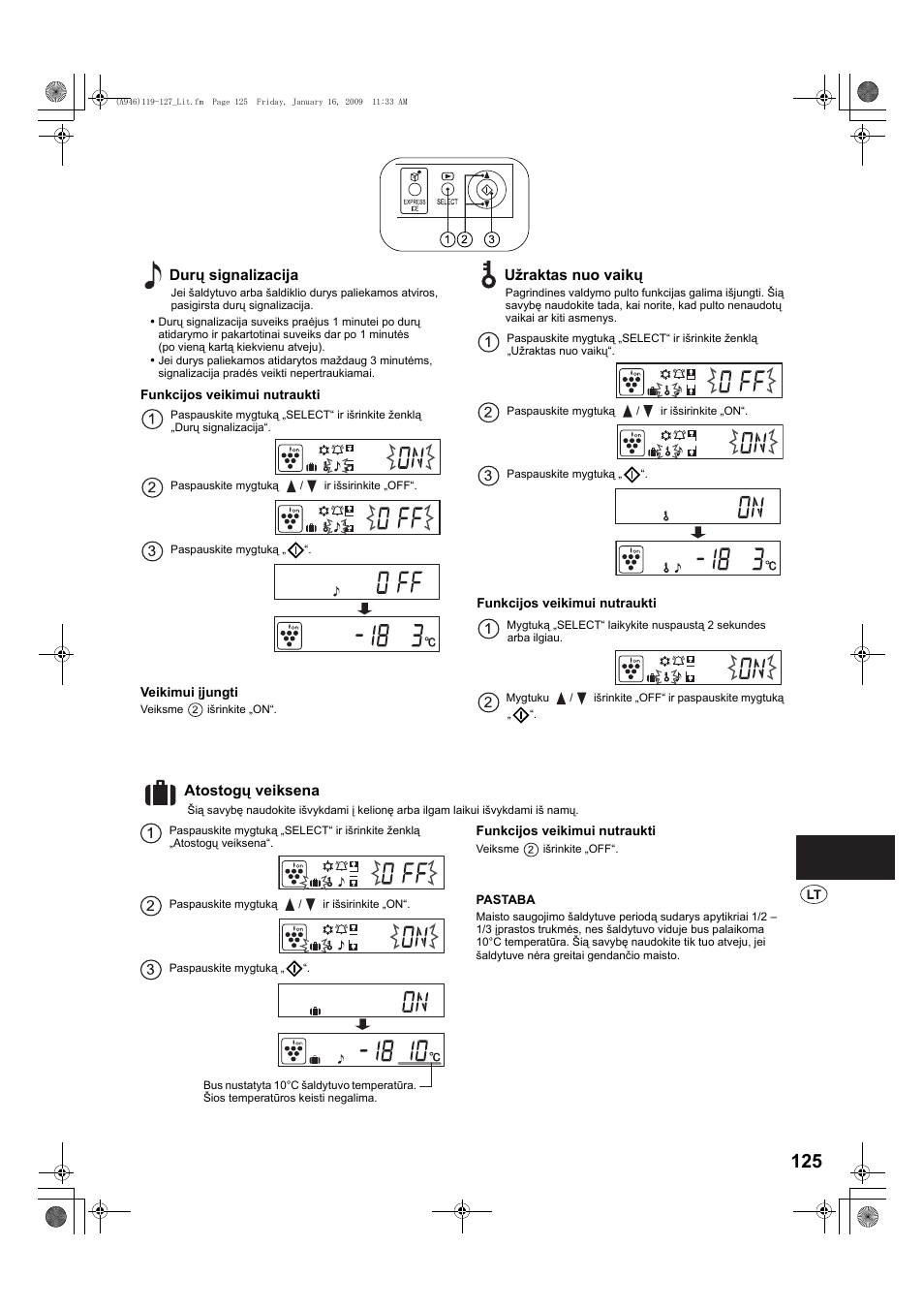Durø signalizacija, U raktas nuo vaikø, Atostogø veiksena | Durų signalizacija, Užraktas nuo vaikų, Atostogų veiksena | Sharp SJ-F800SPBK User Manual | Page 125 / 173