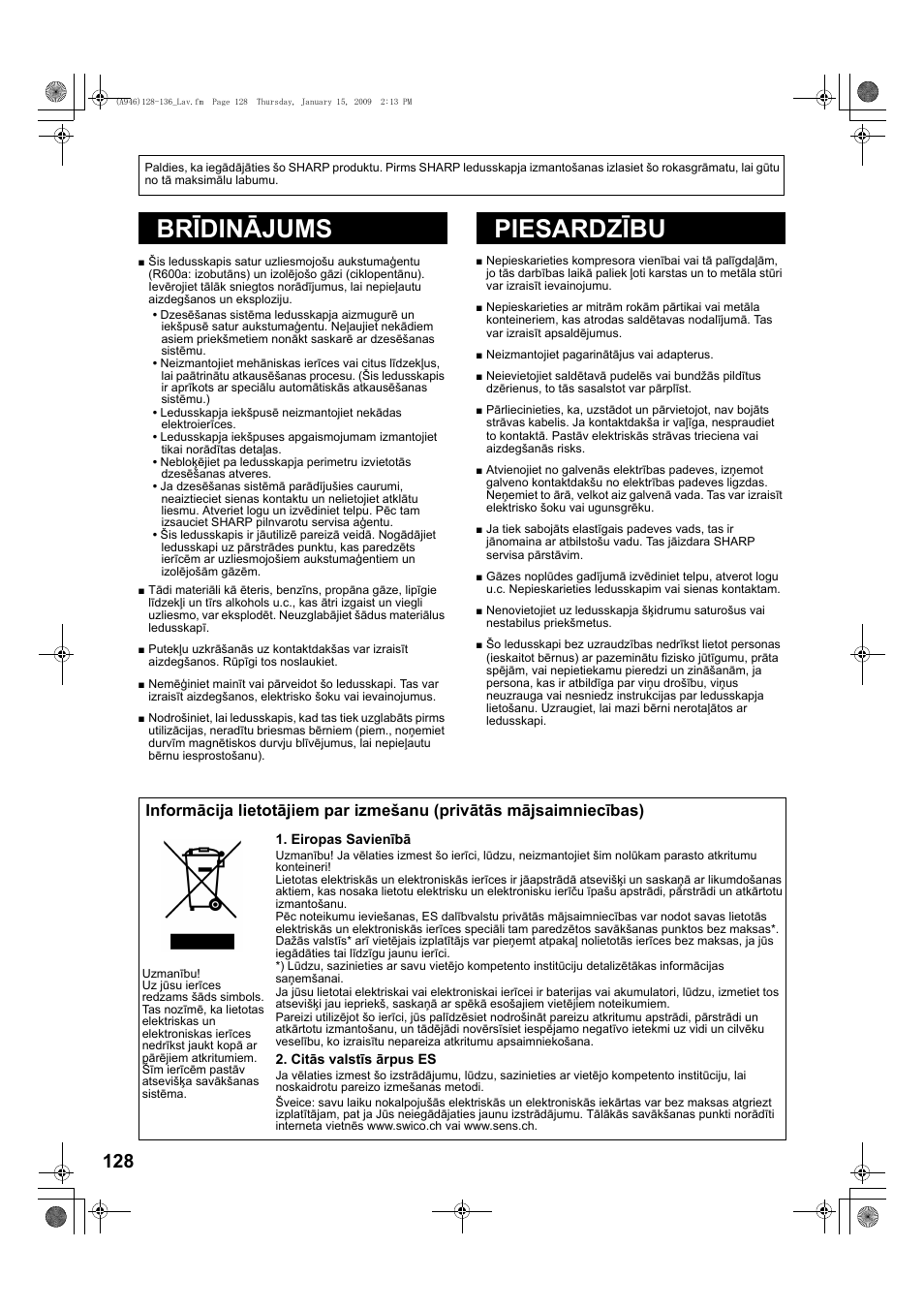 A946)128-136_lav-2, Brîdinâjums, Piesardzîbu | Uzmanîbu, Brīdinājums piesardzību | Sharp SJ-F800SPBK User Manual | Page 128 / 173
