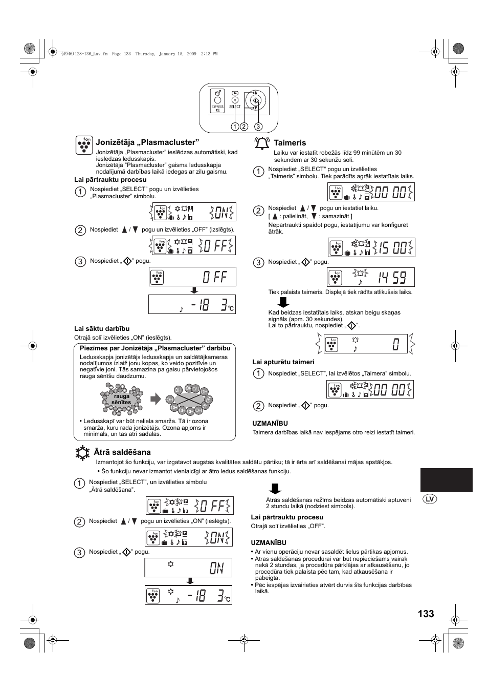 Jonizçtâja „plasmacluster, Taimeris, Âtrâ saldç²ana | Jonizētāja „plasmacluster, Ātrā saldēšana | Sharp SJ-F800SPBK User Manual | Page 133 / 173