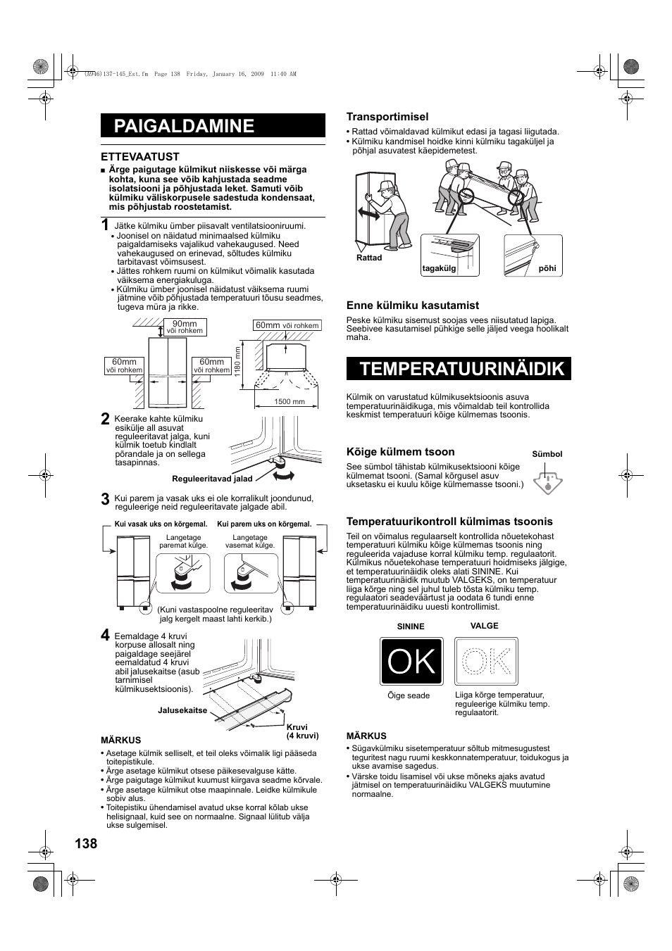 Paigaldamine, Temperatuurinäidik | Sharp SJ-F800SPBK User Manual | Page 138 / 173