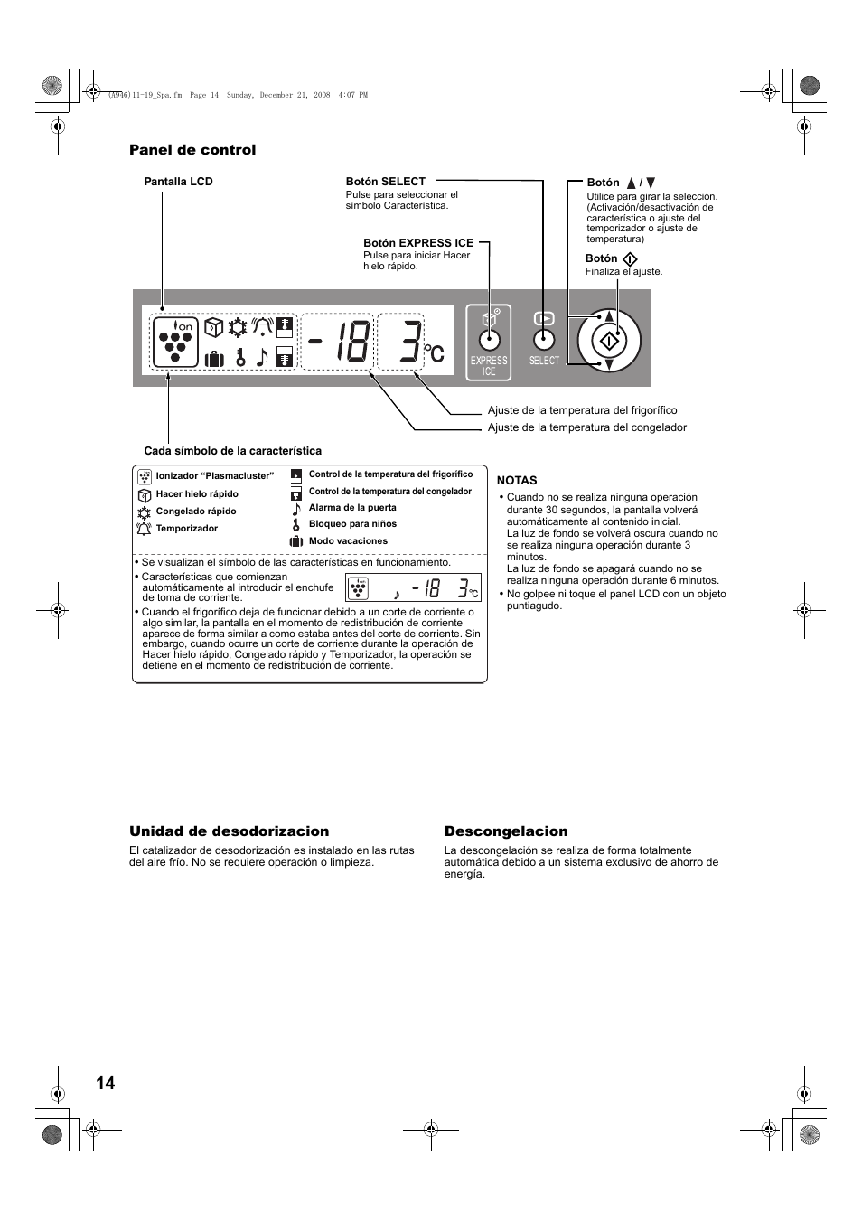 Panel de control, Panel de control unidad de desodorizacion, Descongelacion | Sharp SJ-F800SPBK User Manual | Page 14 / 173