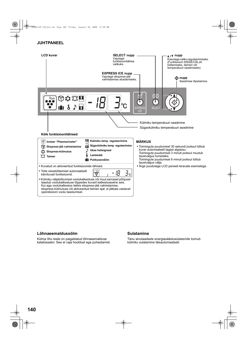 Juhtpaneel | Sharp SJ-F800SPBK User Manual | Page 140 / 173