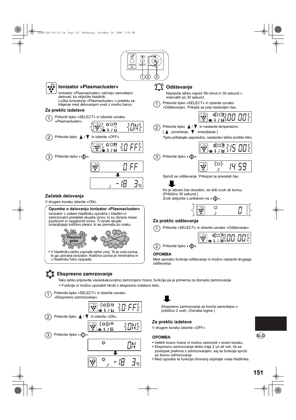 Ionizator »plasmacluster, Odðtevanje, Ekspresno zamrzovanje | Odštevanje | Sharp SJ-F800SPBK User Manual | Page 151 / 173
