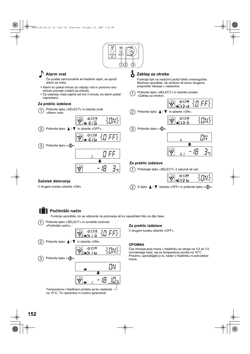 Alarm vrat, Zaklep za otroke, Poèitniðki naèin | Sharp SJ-F800SPBK User Manual | Page 152 / 173