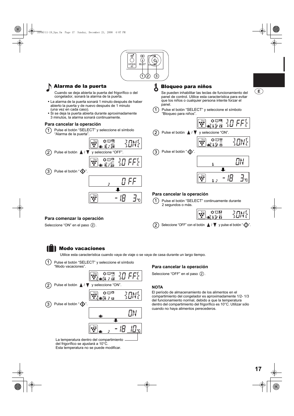 Alarma de la puerta, Bloqueo para niños, Modo vacaciones | Sharp SJ-F800SPBK User Manual | Page 17 / 173