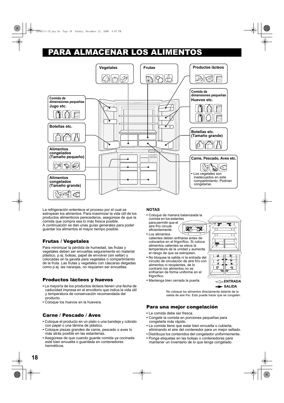 Para almacenar los alimentos, Coloque los huevos en la huevera, La comida debe ser fresca | Sharp SJ-F800SPBK User Manual | Page 18 / 173