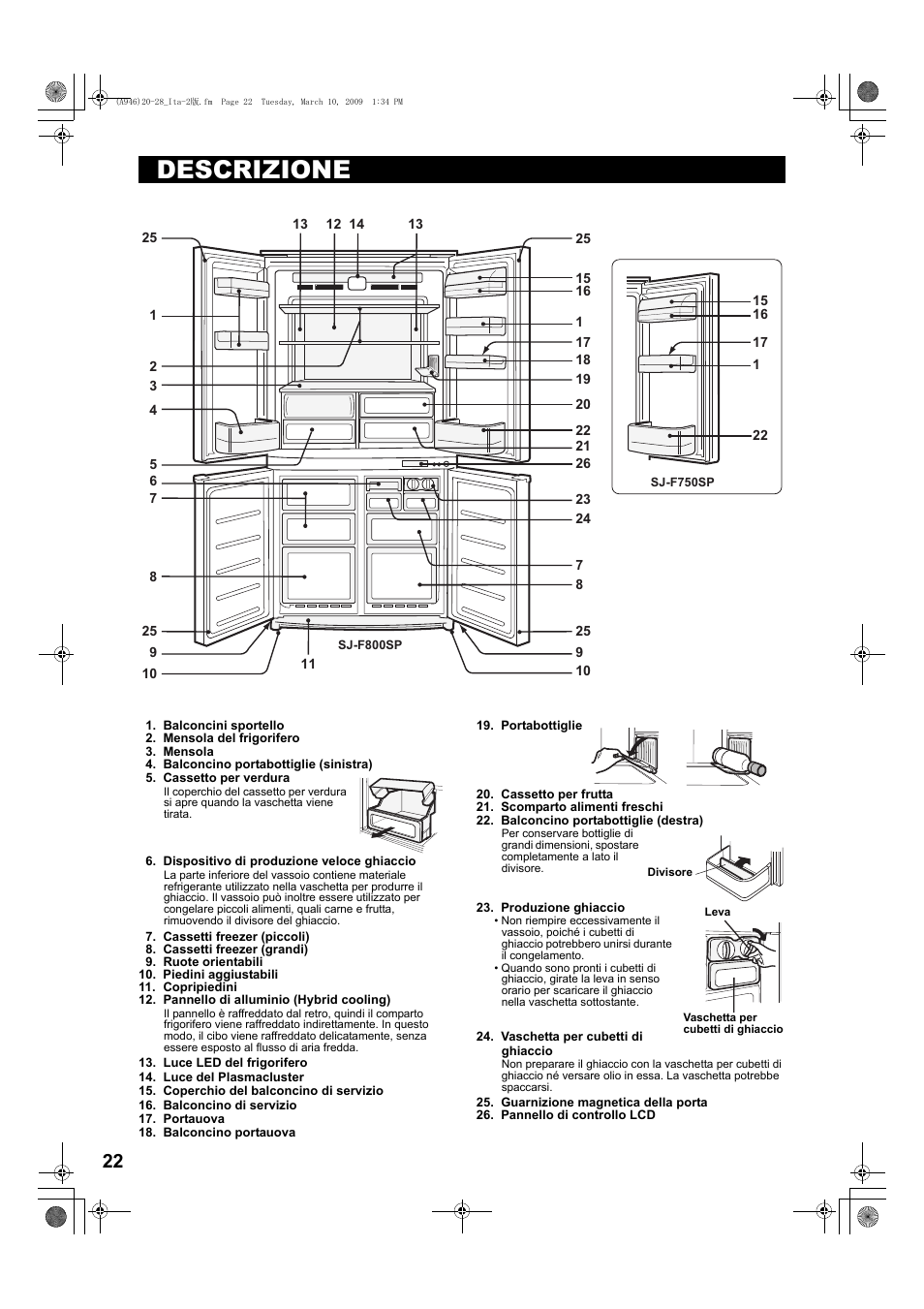 Descrizione, Balconcini sportello, Mensola del frigorifero | Mensola, Balconcino portabottiglie (sinistra), Cassetto per verdura, Dispositivo di produzione veloce ghiaccio, Cassetti freezer (piccoli), Cassetti freezer (grandi), Ruote orientabili | Sharp SJ-F800SPBK User Manual | Page 22 / 173