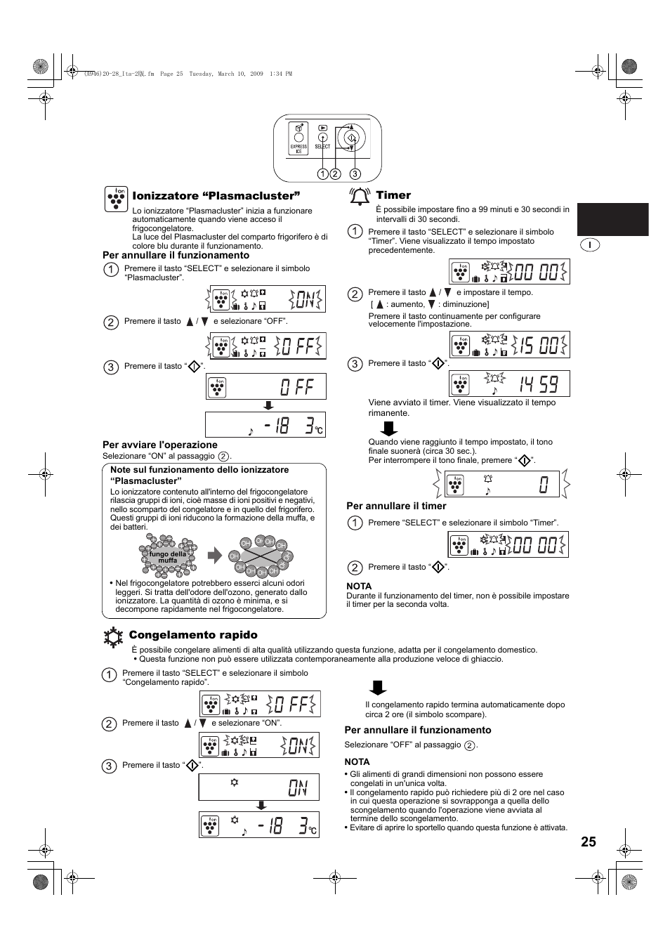 Ionizzatore “plasmacluster, Timer, Congelamento rapido | Sharp SJ-F800SPBK User Manual | Page 25 / 173