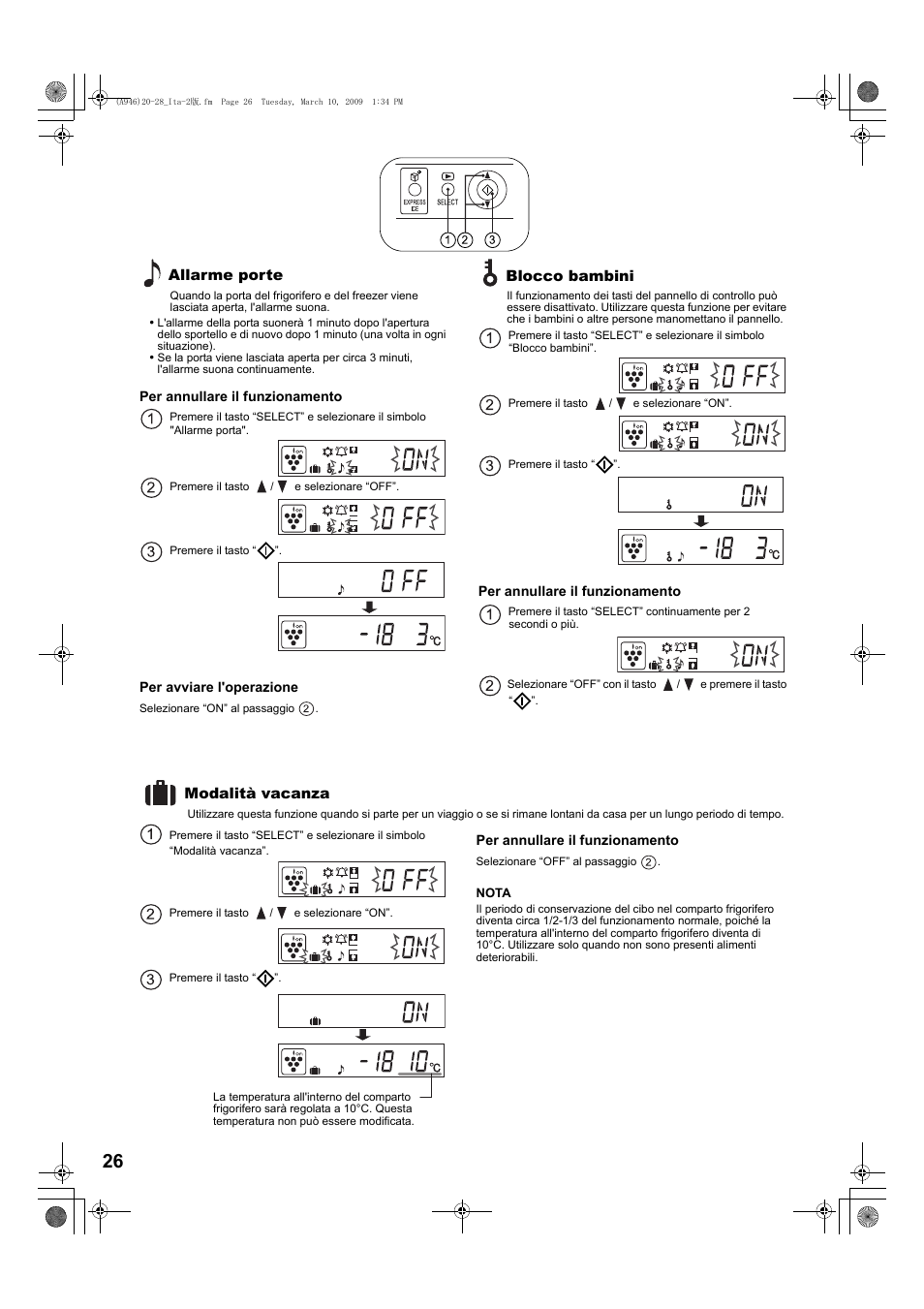 Allarme porte, Blocco bambini, Modalità vacanza | Sharp SJ-F800SPBK User Manual | Page 26 / 173