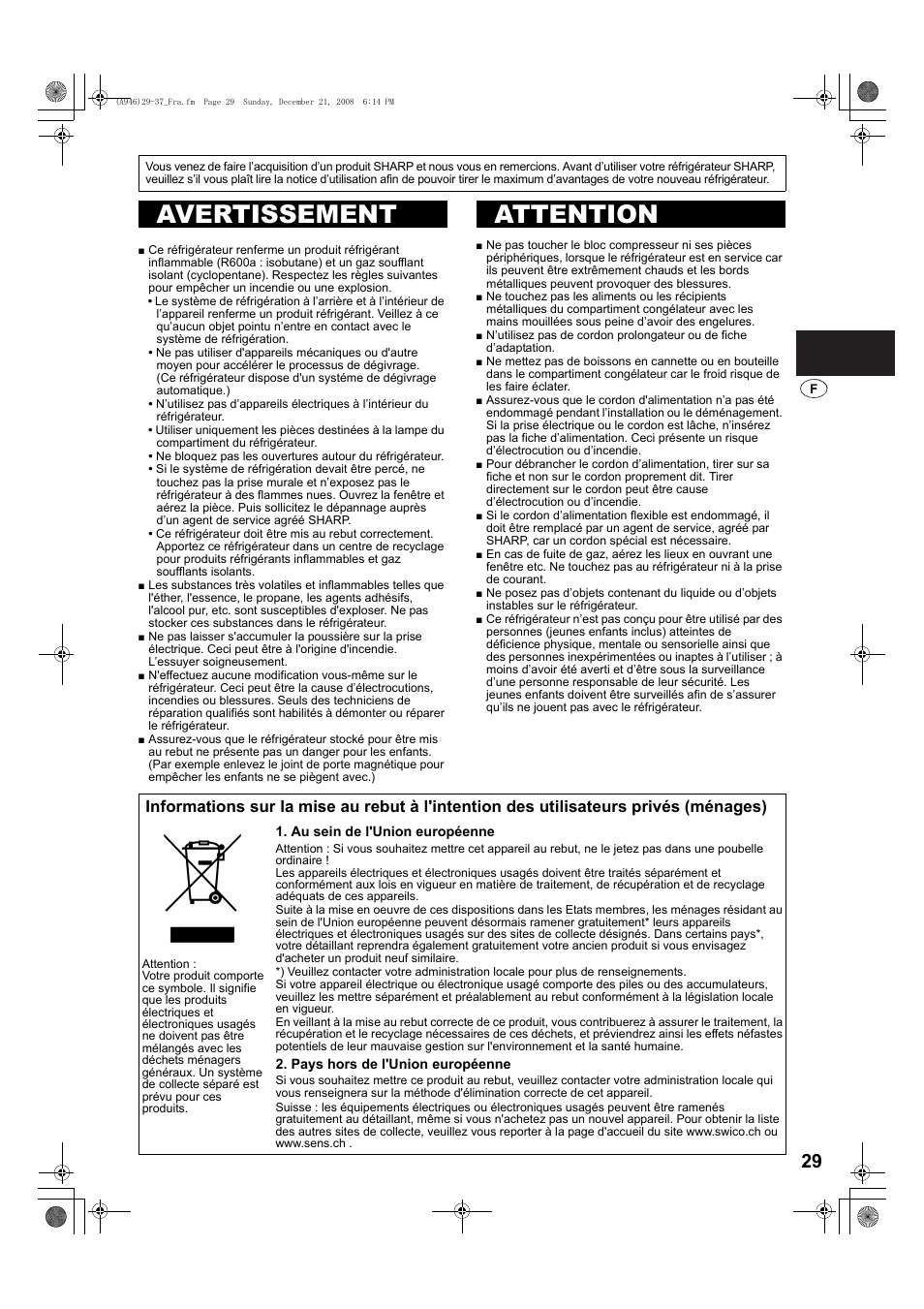 A946)29-37_fra-2, Avertissement, Attention | Avertissement attention | Sharp SJ-F800SPBK User Manual | Page 29 / 173