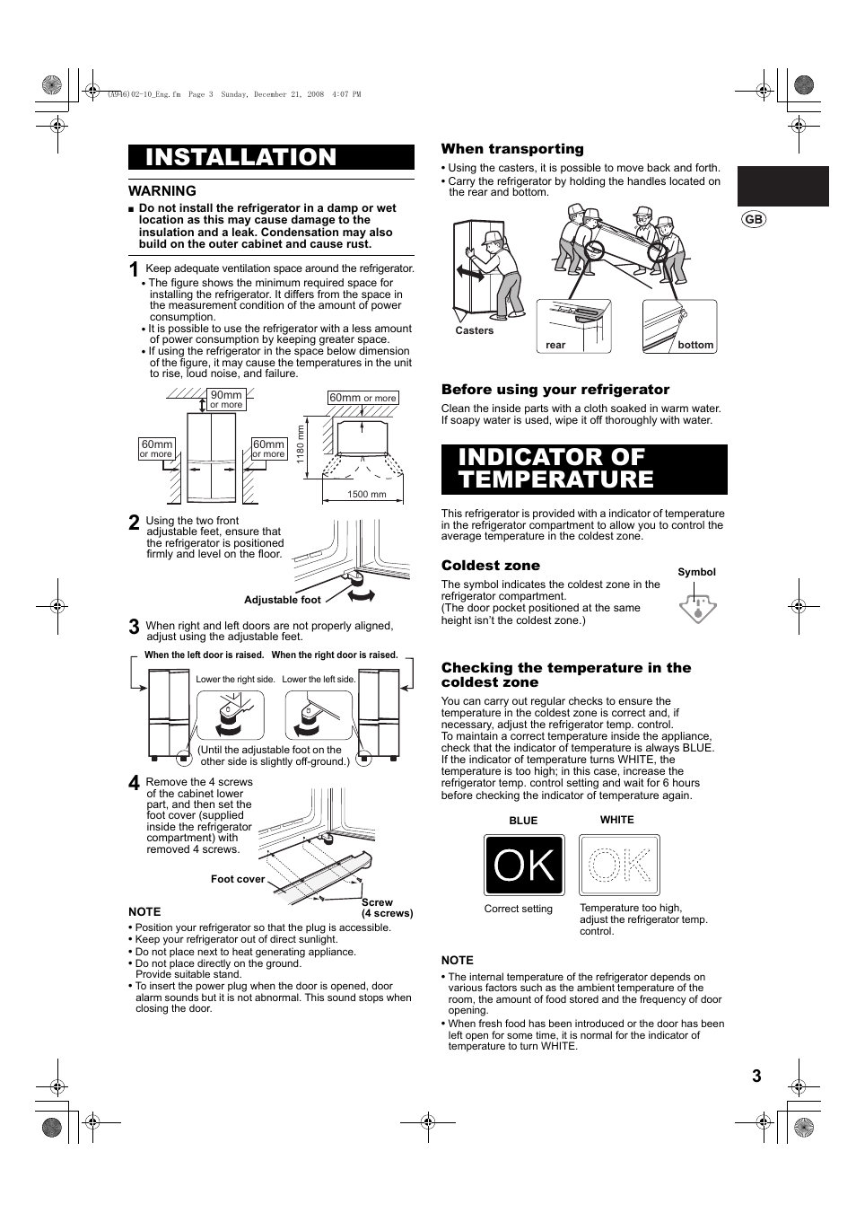 Installation, Indicator of temperature | Sharp SJ-F800SPBK User Manual | Page 3 / 173
