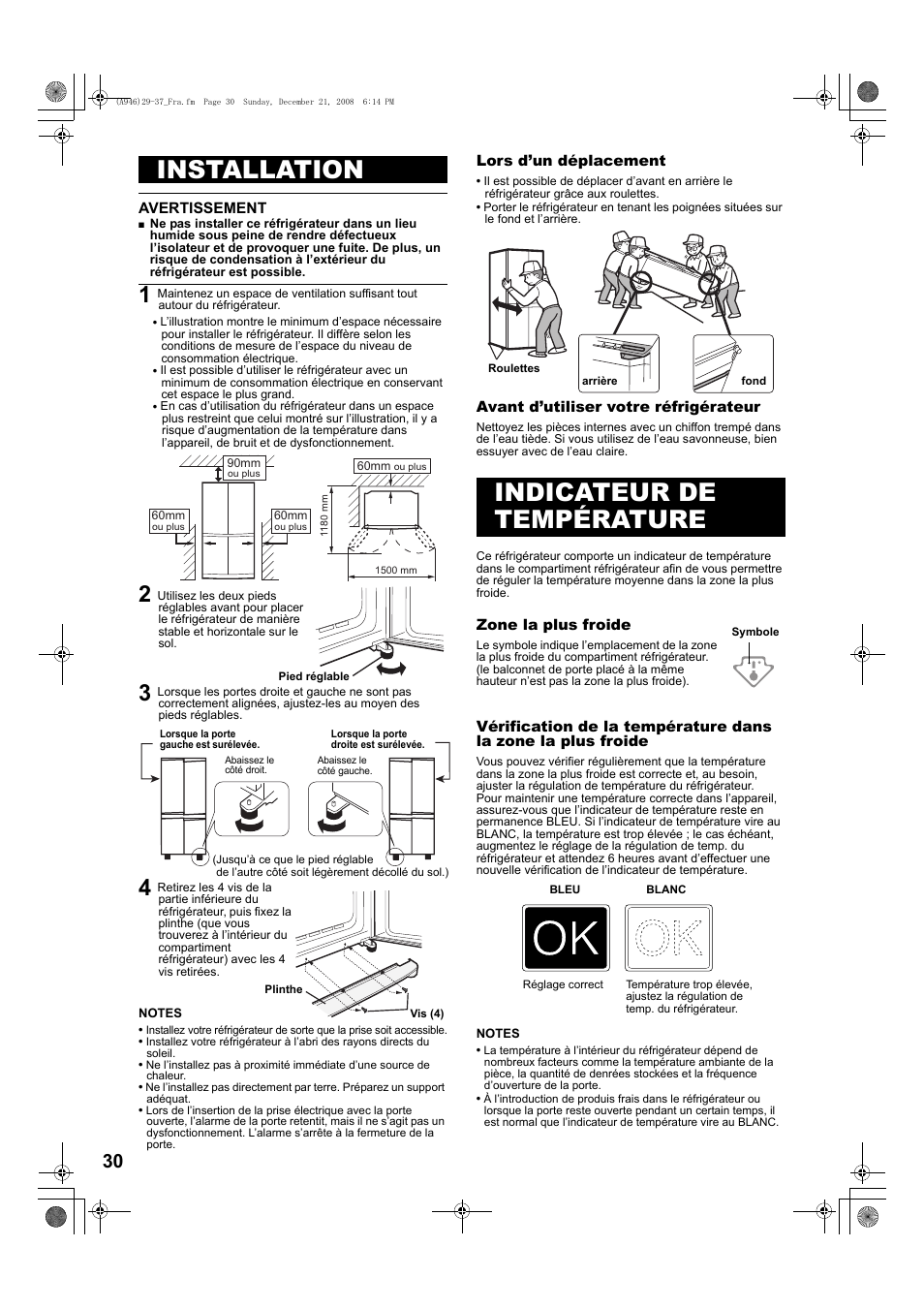 Installation, Indicateur de température | Sharp SJ-F800SPBK User Manual | Page 30 / 173