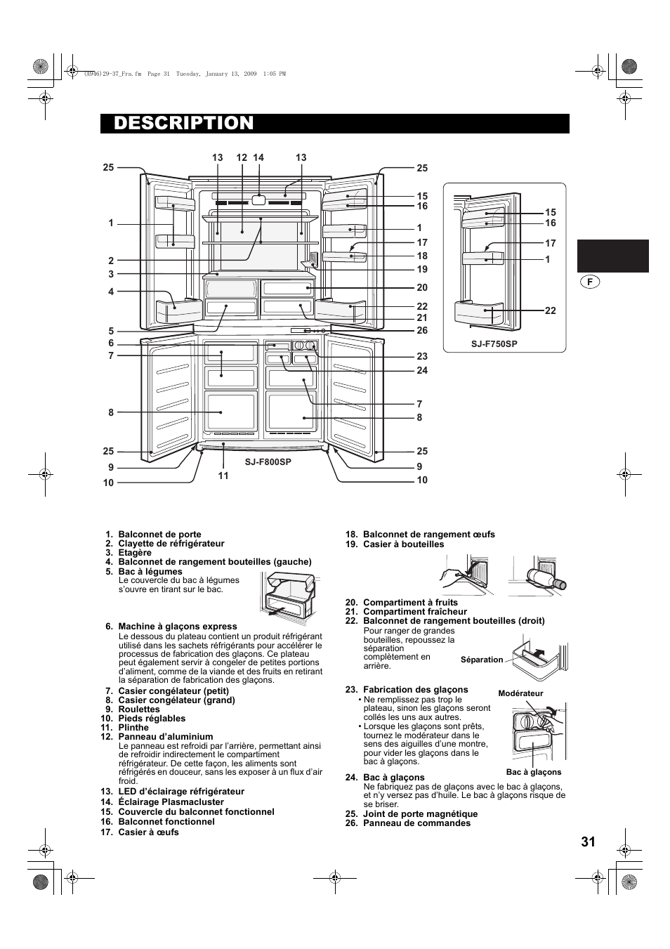 Description, Balconnet de porte, Etagère réfrigérateur | Etagère, Balconnet de rangement bouteilles (gauche), Bac à légumes, Machine à glaçons express, Casier congélateur (petit), Casier congélateur (grand), Roulettes | Sharp SJ-F800SPBK User Manual | Page 31 / 173