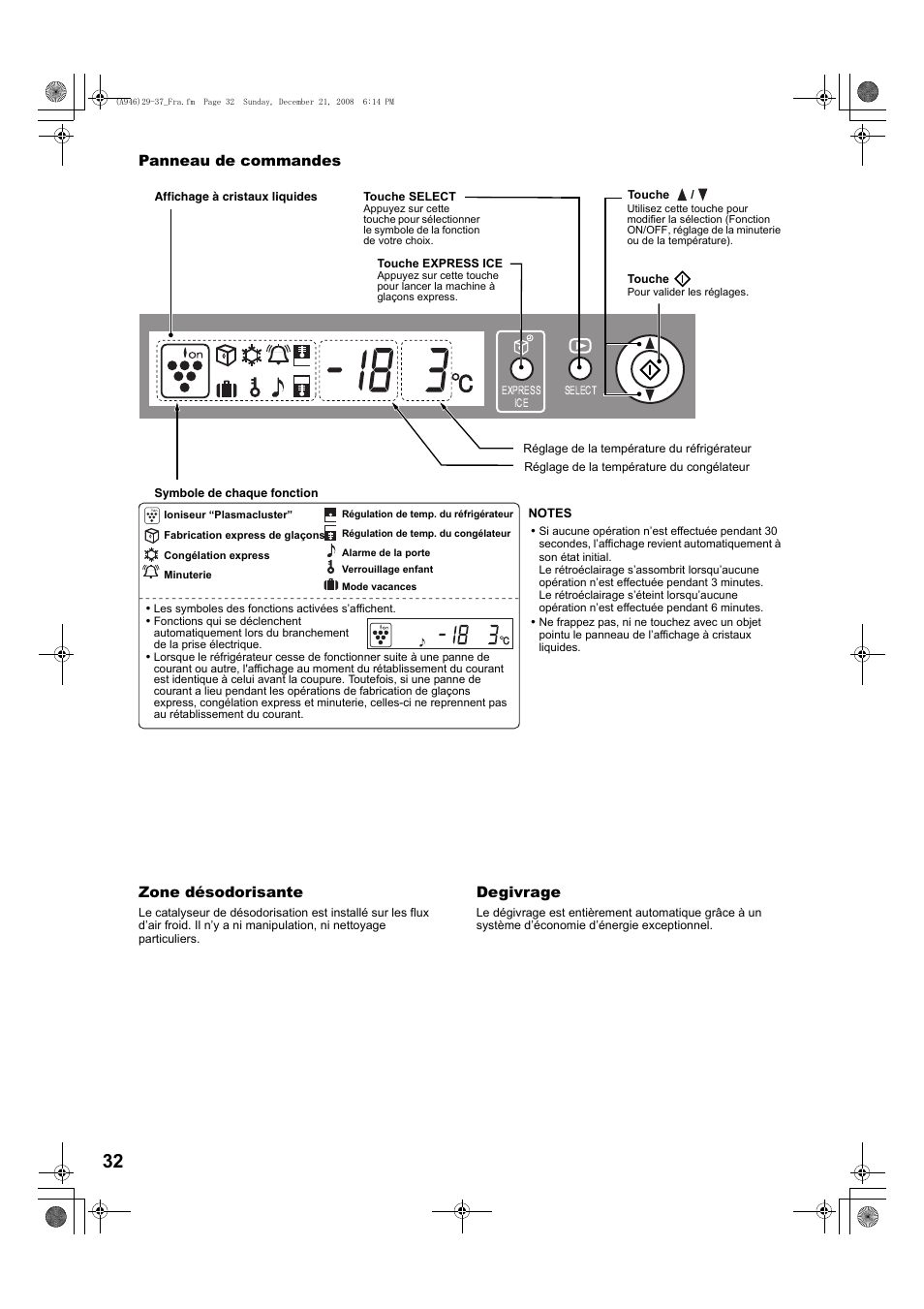 Panneau de commandes zone désodorisante, Degivrage | Sharp SJ-F800SPBK User Manual | Page 32 / 173