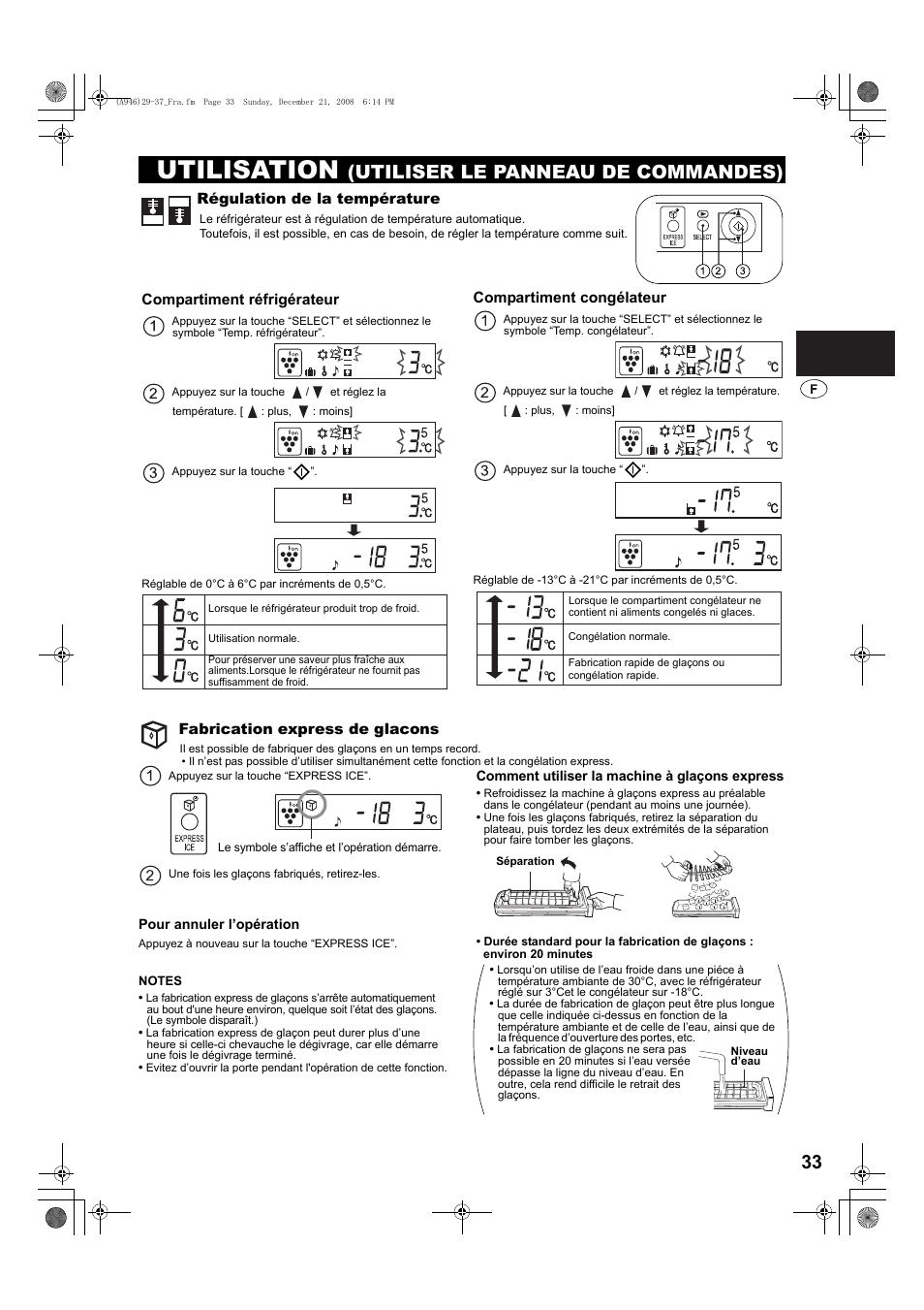 Utilisation (utiliser le panneau de commandes), Régulation de la température, Fabrication express de glacons | Utilisation, Utiliser le panneau de commandes) | Sharp SJ-F800SPBK User Manual | Page 33 / 173