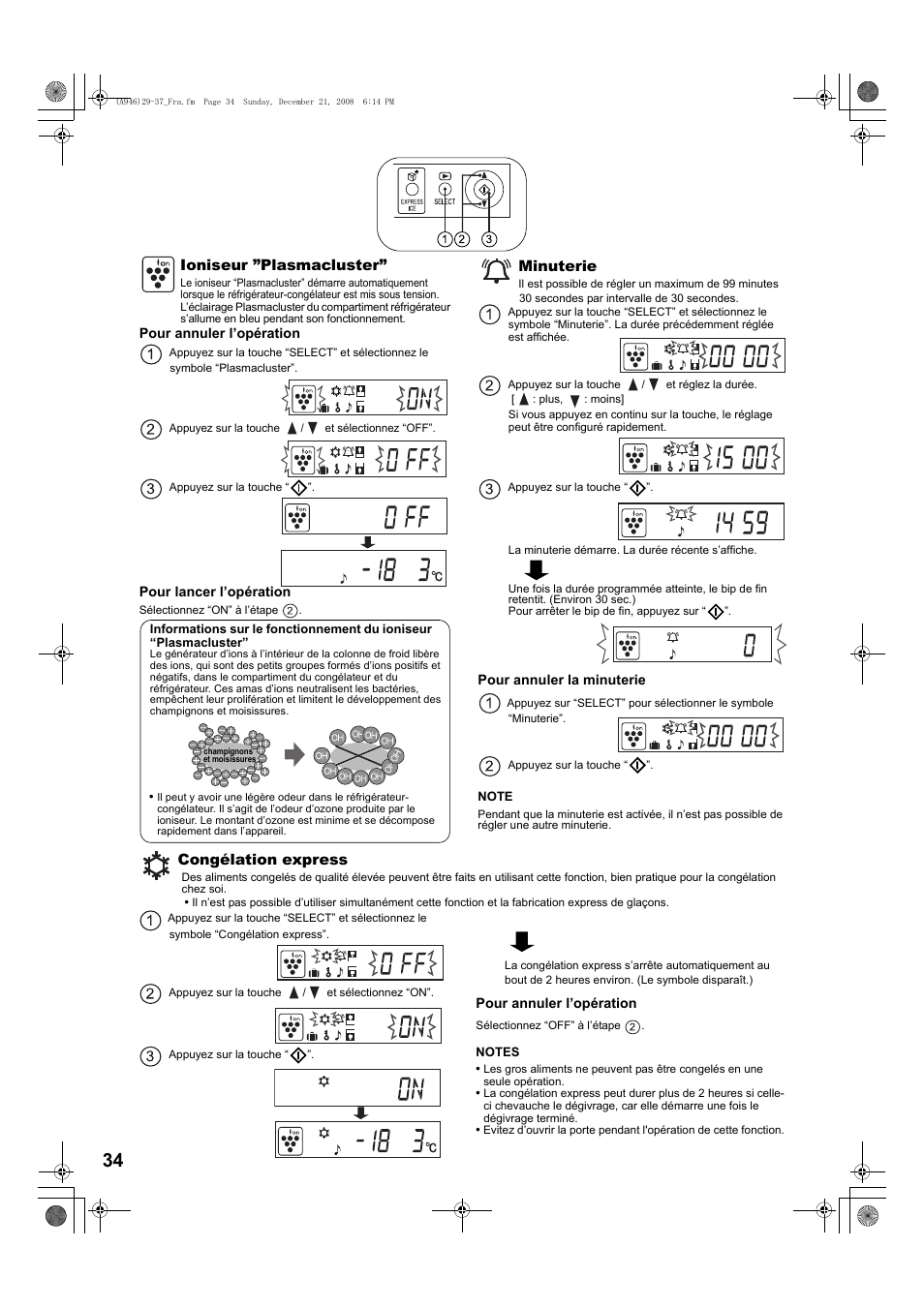 Ioniseur ”plasmacluster, Minuterie, Congélation express | Sharp SJ-F800SPBK User Manual | Page 34 / 173