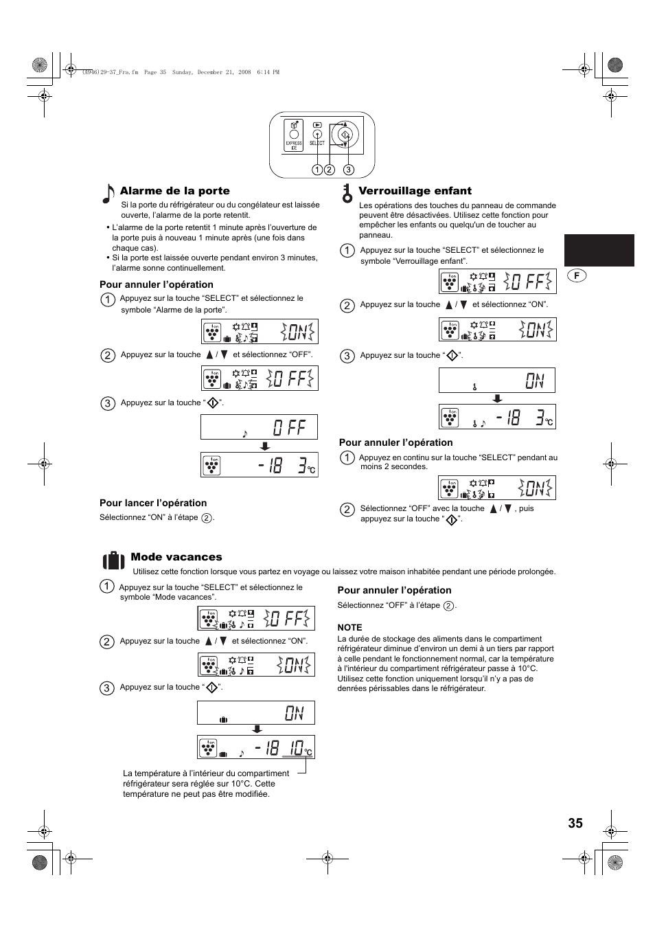 Alarme de la porte, Verrouillage enfant, Mode vacances | Sharp SJ-F800SPBK User Manual | Page 35 / 173