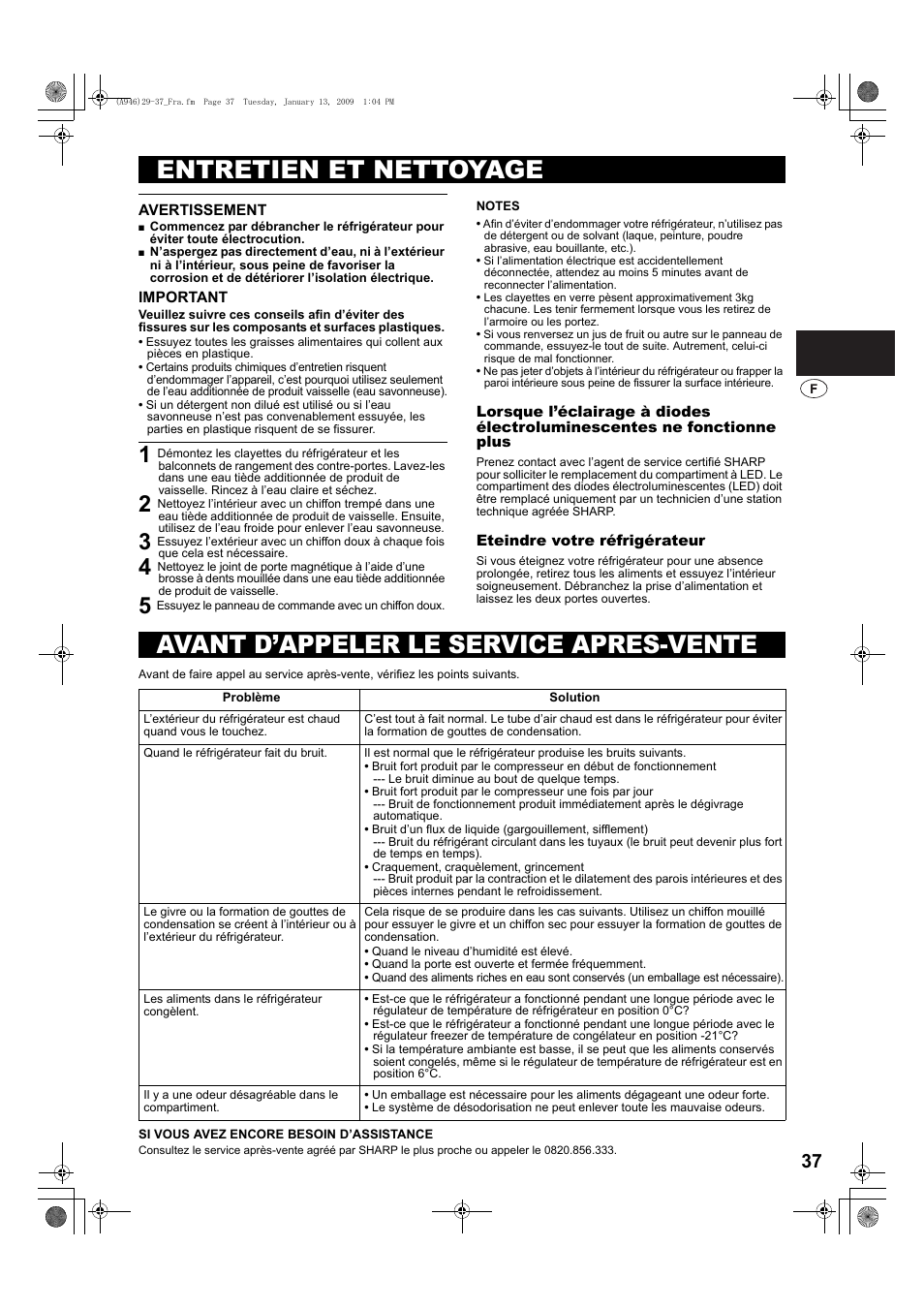 Entretien et nettoyage, Avant d’appeler le service apres-vente | Sharp SJ-F800SPBK User Manual | Page 37 / 173