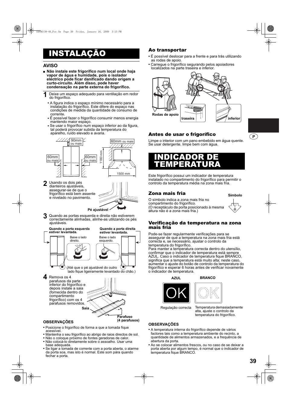 Instalação, Indicador de temperatura | Sharp SJ-F800SPBK User Manual | Page 39 / 173