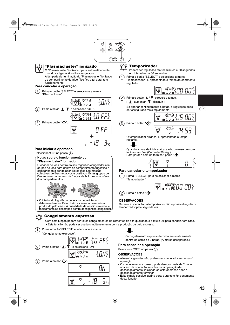 Plasmacluster” ionizado, Temporizador, Congelamento expresso | Sharp SJ-F800SPBK User Manual | Page 43 / 173