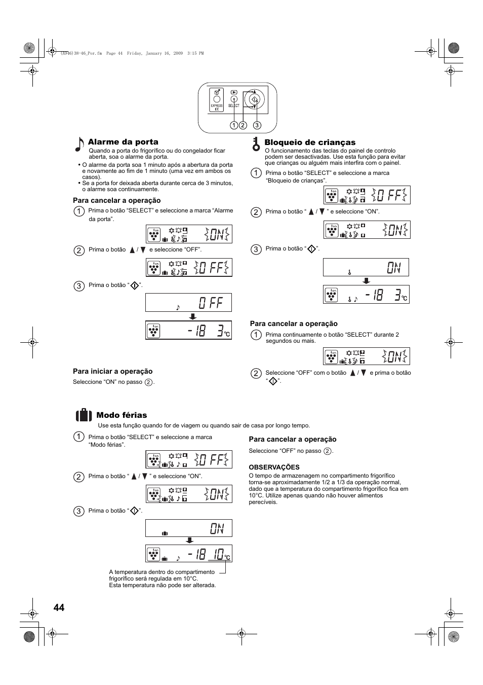 Alarme da porta, Bloqueio de crianças, Modo férias | Sharp SJ-F800SPBK User Manual | Page 44 / 173