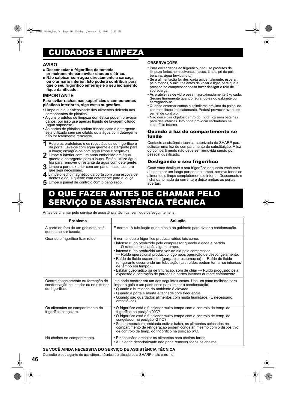 Cuidados e limpeza, 5 limpe o painel de controlo com o pano seco | Sharp SJ-F800SPBK User Manual | Page 46 / 173