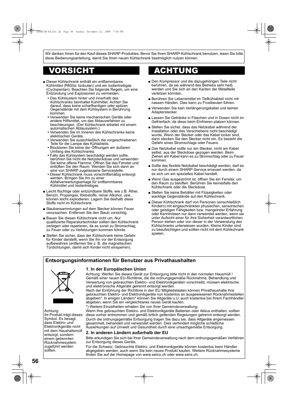 A946)56-64_ger-2, Vorsicht, Achtung | Vorsicht achtung | Sharp SJ-F800SPBK User Manual | Page 56 / 173