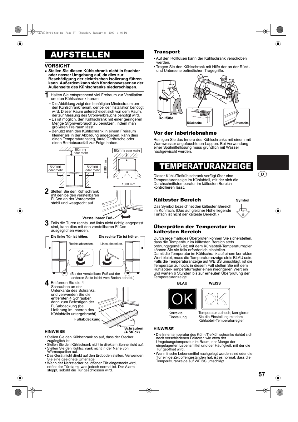 Aufstellen, Temperaturanzeige | Sharp SJ-F800SPBK User Manual | Page 57 / 173