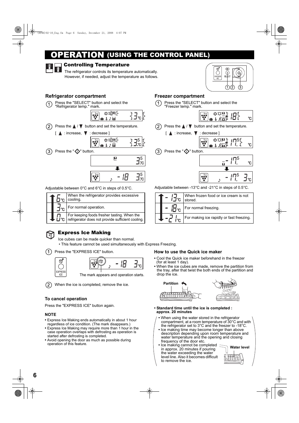 Operation (using the control panel), Ice cubes can be made quicker than normal, Operation | Using the control panel) | Sharp SJ-F800SPBK User Manual | Page 6 / 173