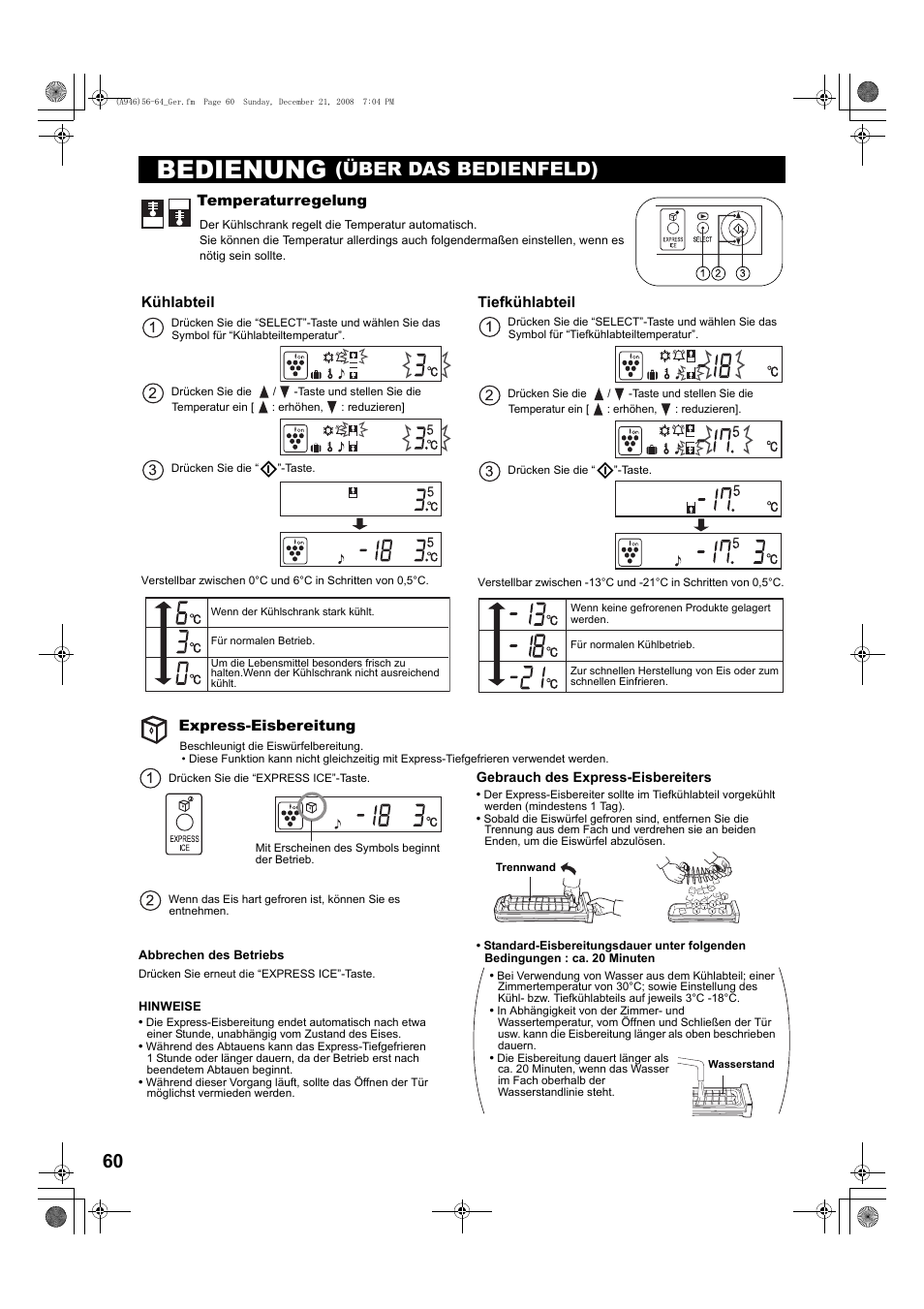 Bedienung (über das bedienfeld), Temperaturregelung, Express-eisbereitung | Beschleunigt die eiswürfelbereitung, Bedienung, Über das bedienfeld) | Sharp SJ-F800SPBK User Manual | Page 60 / 173