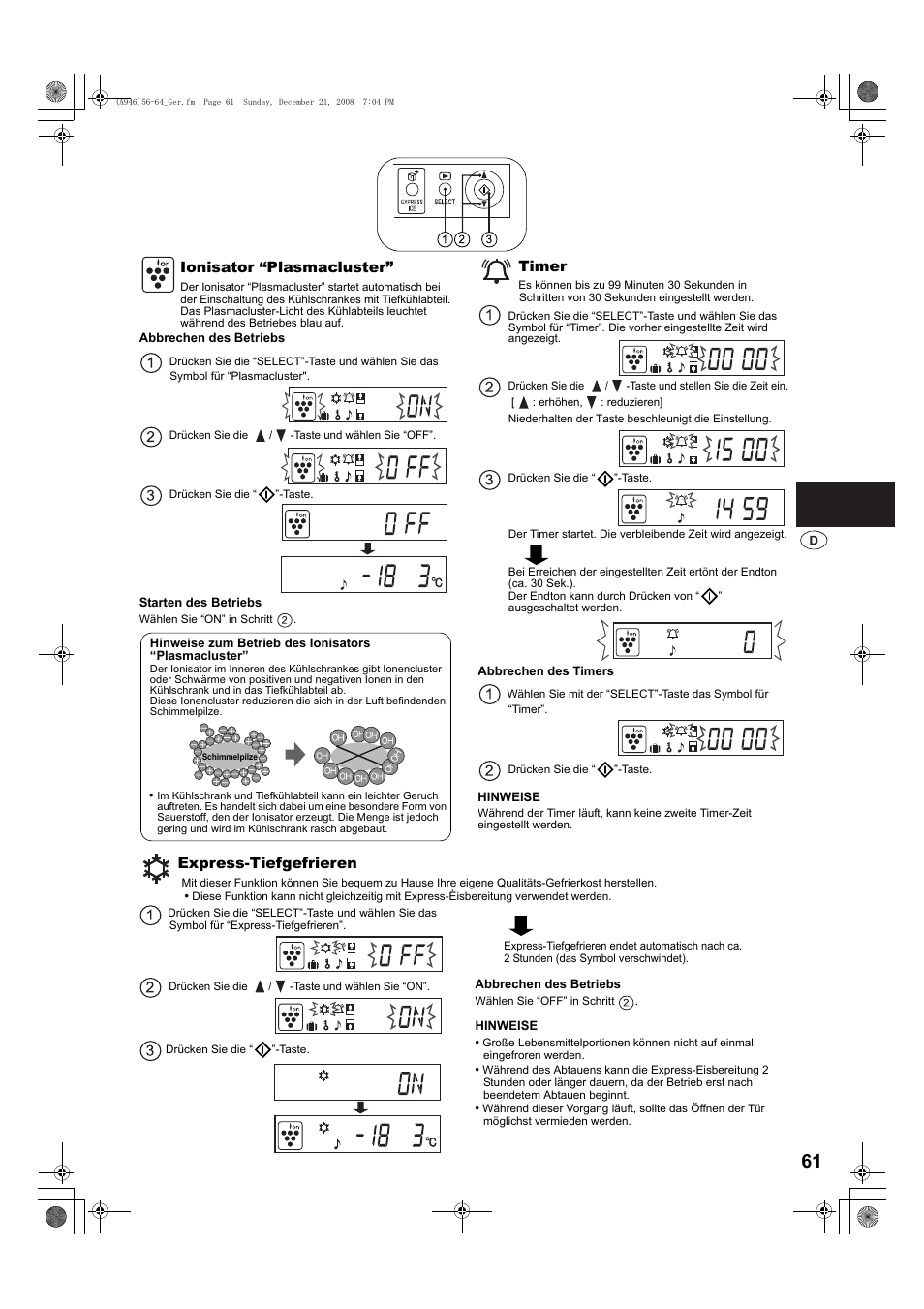 Ionisator “plasmacluster, Timer, Express-tiefgefrieren | Sharp SJ-F800SPBK User Manual | Page 61 / 173