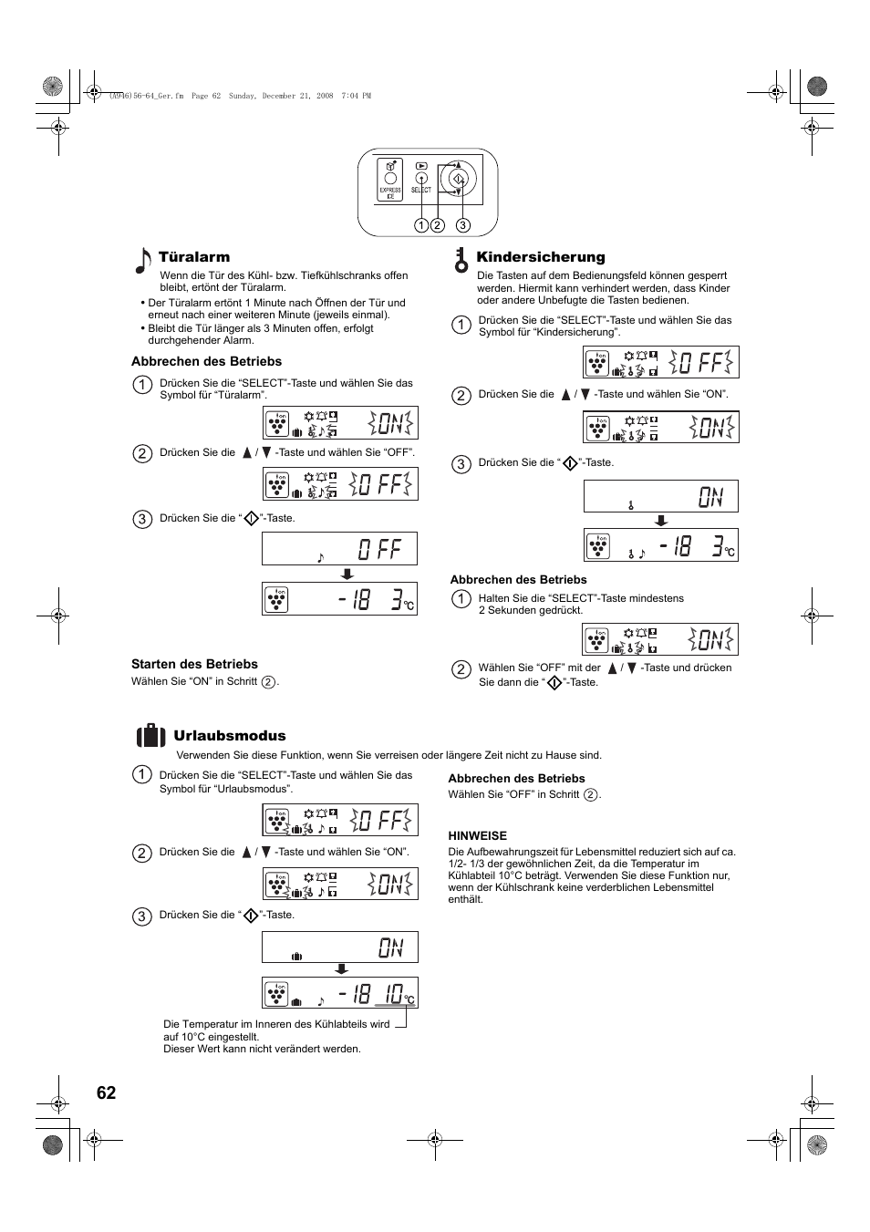 Türalarm, Kindersicherung, Urlaubsmodus | Sharp SJ-F800SPBK User Manual | Page 62 / 173