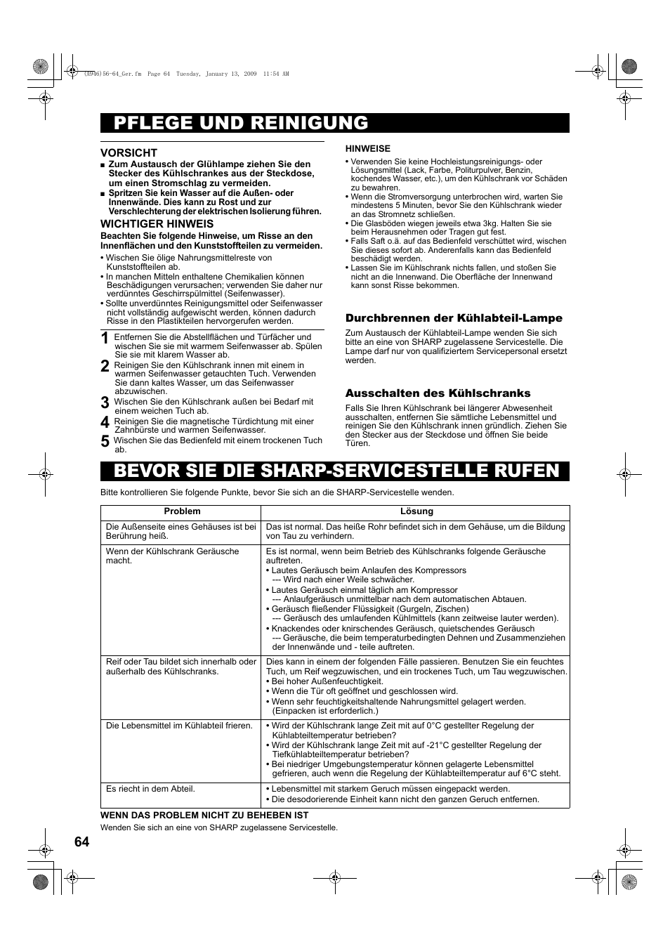 Pflege und reinigung, Bevor sie die sharp-servicestelle rufen | Sharp SJ-F800SPBK User Manual | Page 64 / 173