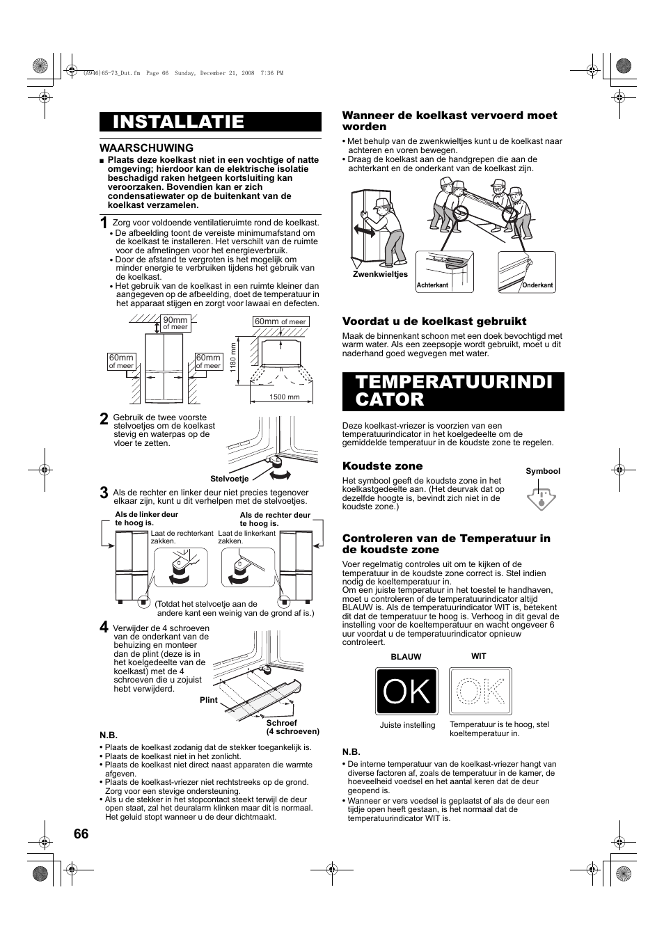 Installatie, Temperatuurindi cator | Sharp SJ-F800SPBK User Manual | Page 66 / 173