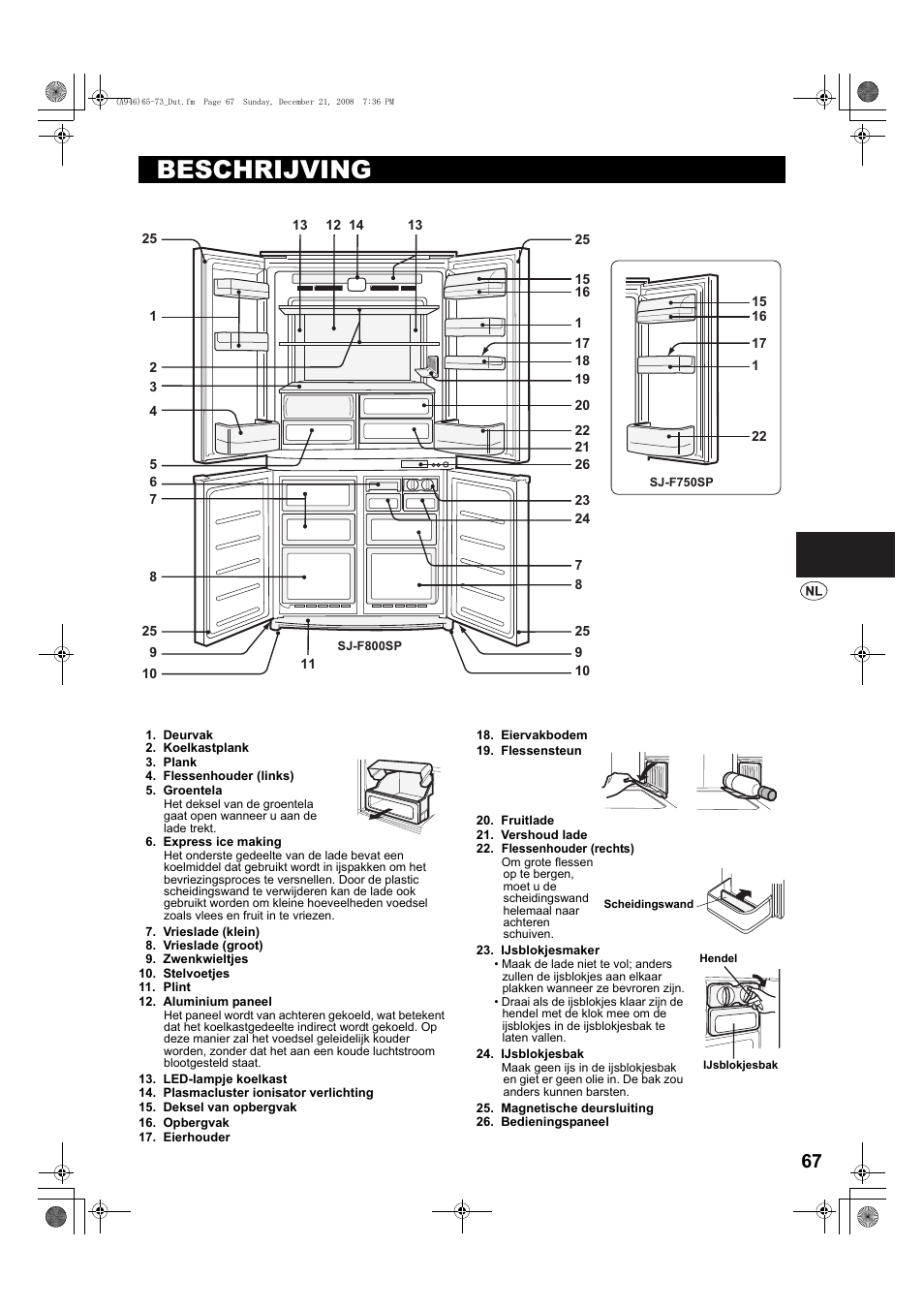 Beschrijving, Deurvak, Koelkastplank | Plank, Flessenhouder (links), Groentela, Express ice making, Vrieslade (klein), Vrieslade (groot), Zwenkwieltjes | Sharp SJ-F800SPBK User Manual | Page 67 / 173