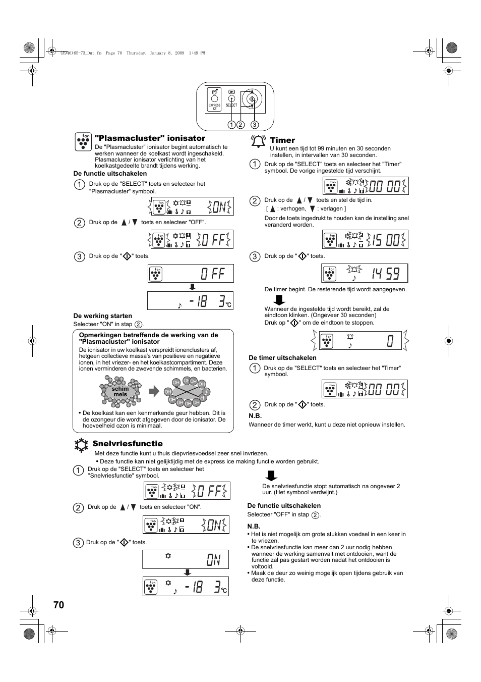 Plasmacluster" ionisator, Timer, Snelvriesfunctie | Sharp SJ-F800SPBK User Manual | Page 70 / 173