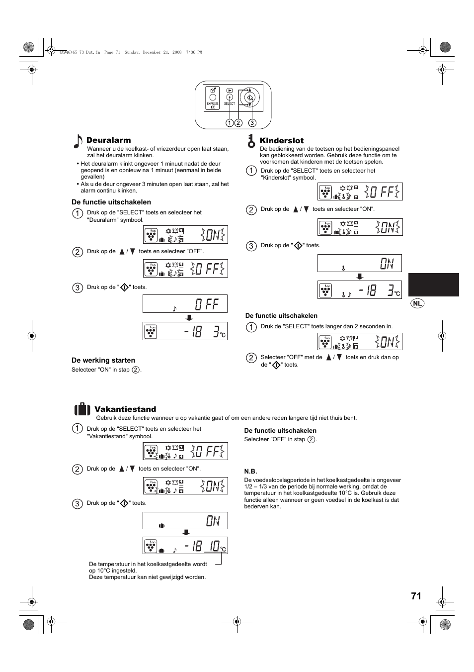 Deuralarm, Kinderslot, Vakantiestand | Sharp SJ-F800SPBK User Manual | Page 71 / 173