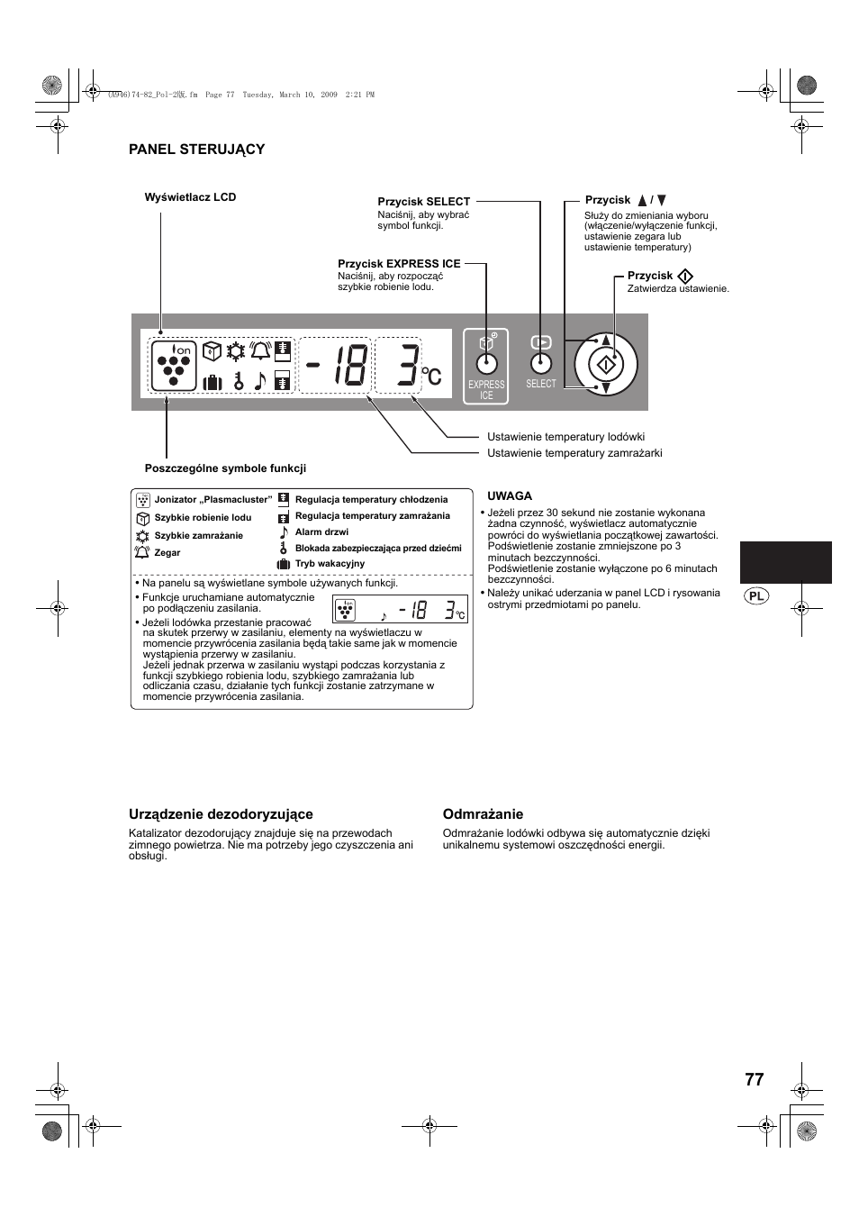 Panel sterujący | Sharp SJ-F800SPBK User Manual | Page 77 / 173