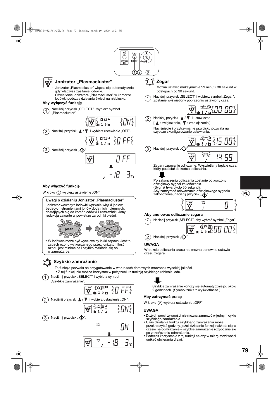 Jonizator „plasmacluster, Zegar, Szybkie zamrażanie | Sharp SJ-F800SPBK User Manual | Page 79 / 173